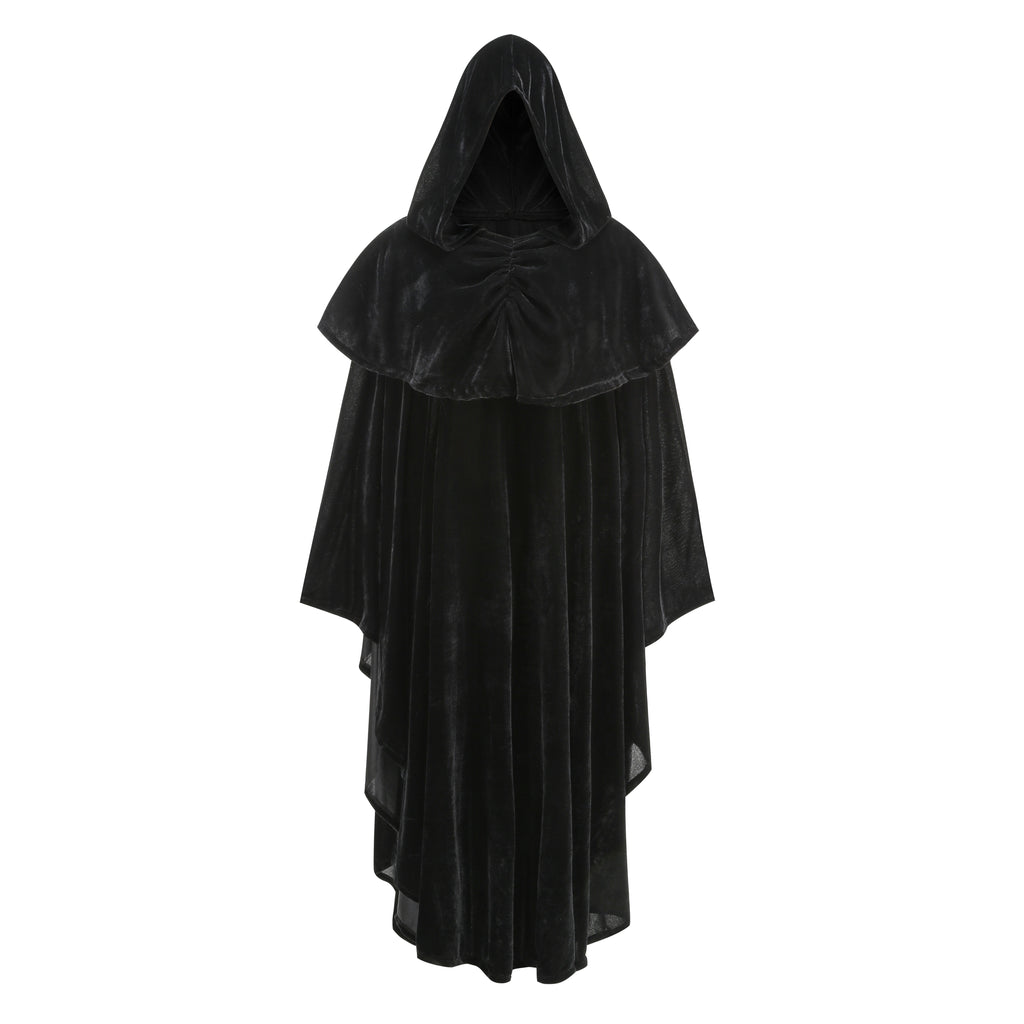 Adult Black Velvet Hooded Wizard Cloak Set‑In & Stand‑Up Collar Style, 130cm‑150cm Shoulder‑to‑Hem Medieval Robe for Warlock Halloween Cosplay
