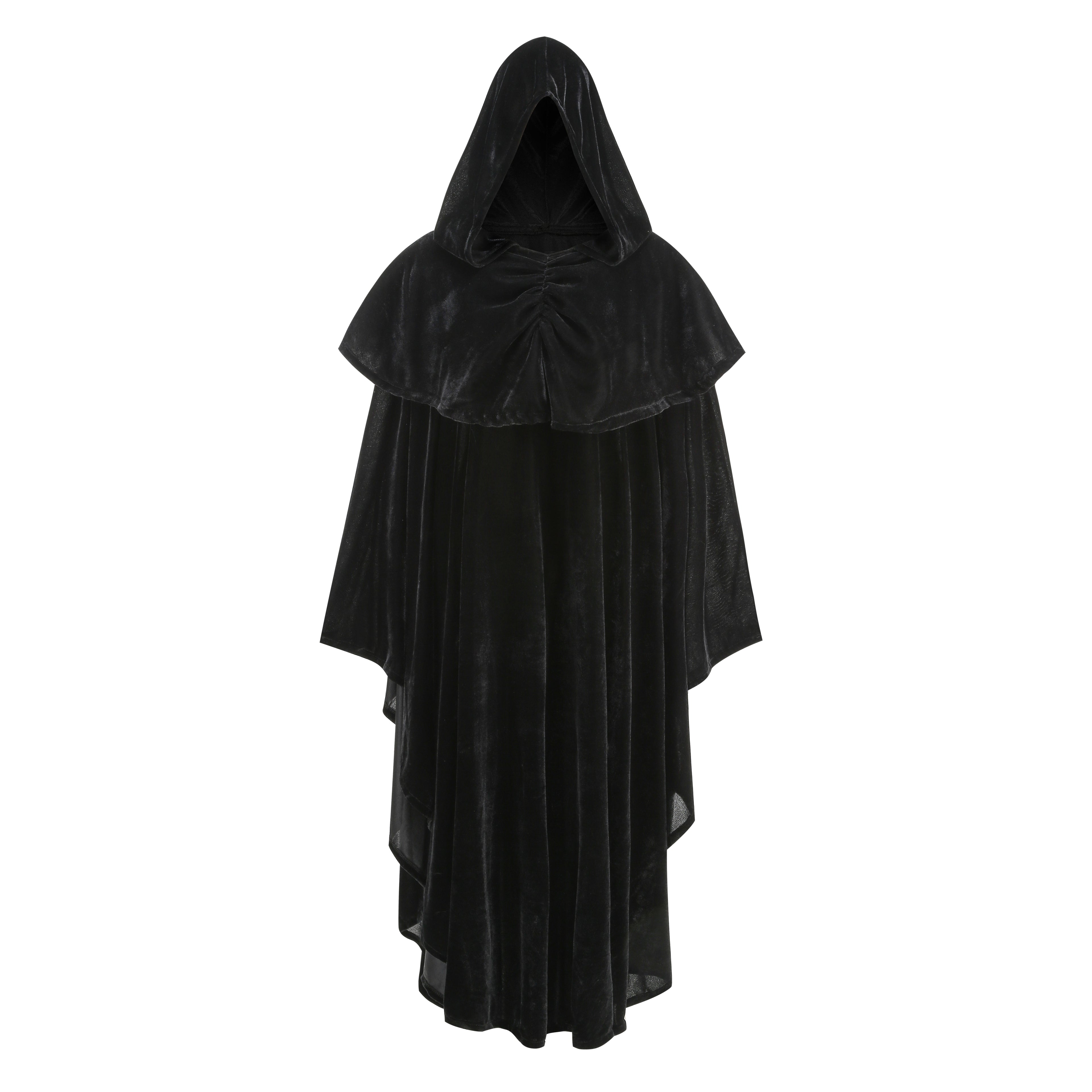 Adult Black Velvet Hooded Wizard Cloak Set‑In & Stand‑Up Collar Style, 130cm‑150cm Shoulder‑to‑Hem Medieval Robe for Warlock Halloween Cosplay