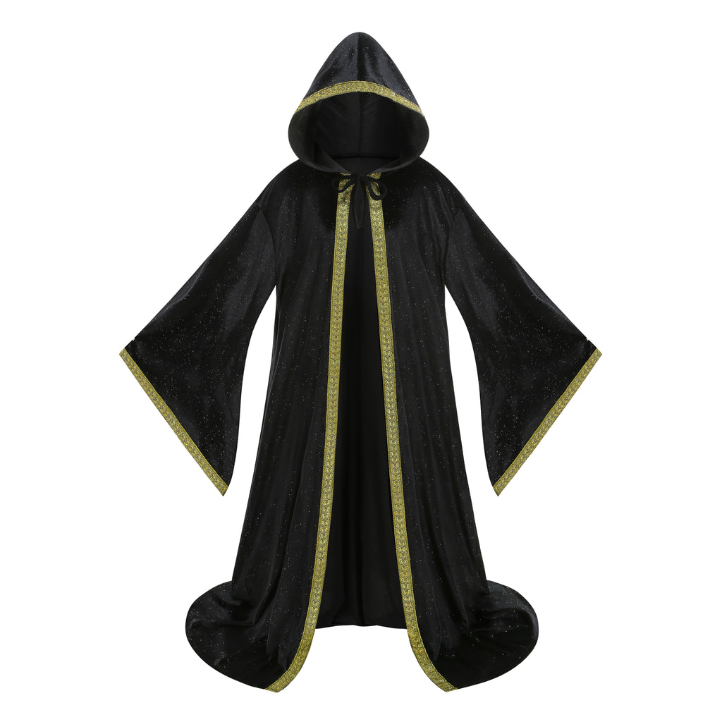 Adult Wizard Hooded Robe Cloak, Sparkle Velvet Wizard Cape With Gold Trim, 140cm‑160cm Shoulder‑to‑Hem for Warlock Sorcerer Halloween Cosplay
