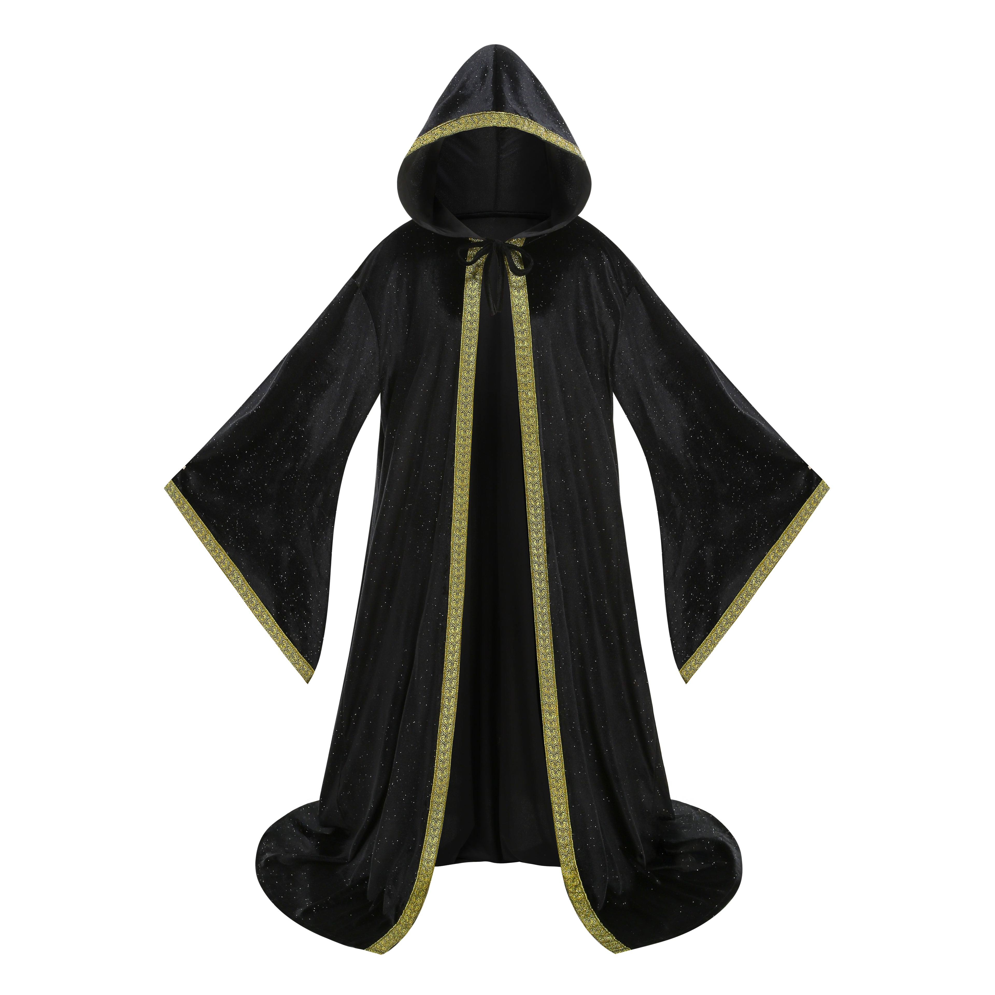 Adult Wizard Hooded Robe Cloak, Sparkle Velvet Wizard Cape With Gold Trim, 140cm‑160cm Shoulder‑to‑Hem for Warlock Sorcerer Halloween Cosplay