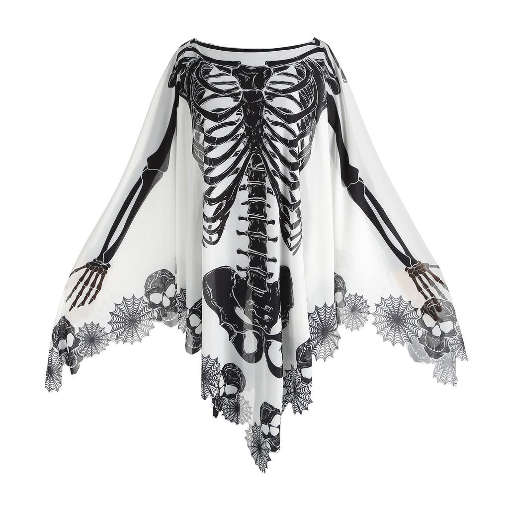 Custom Skeleton Poncho Cape 2‑Piece Set 1.5M×1.5M, Spider Web / Bone Trim, Black Grey White, Halloween Skull Cosplay Party Costume Outfit