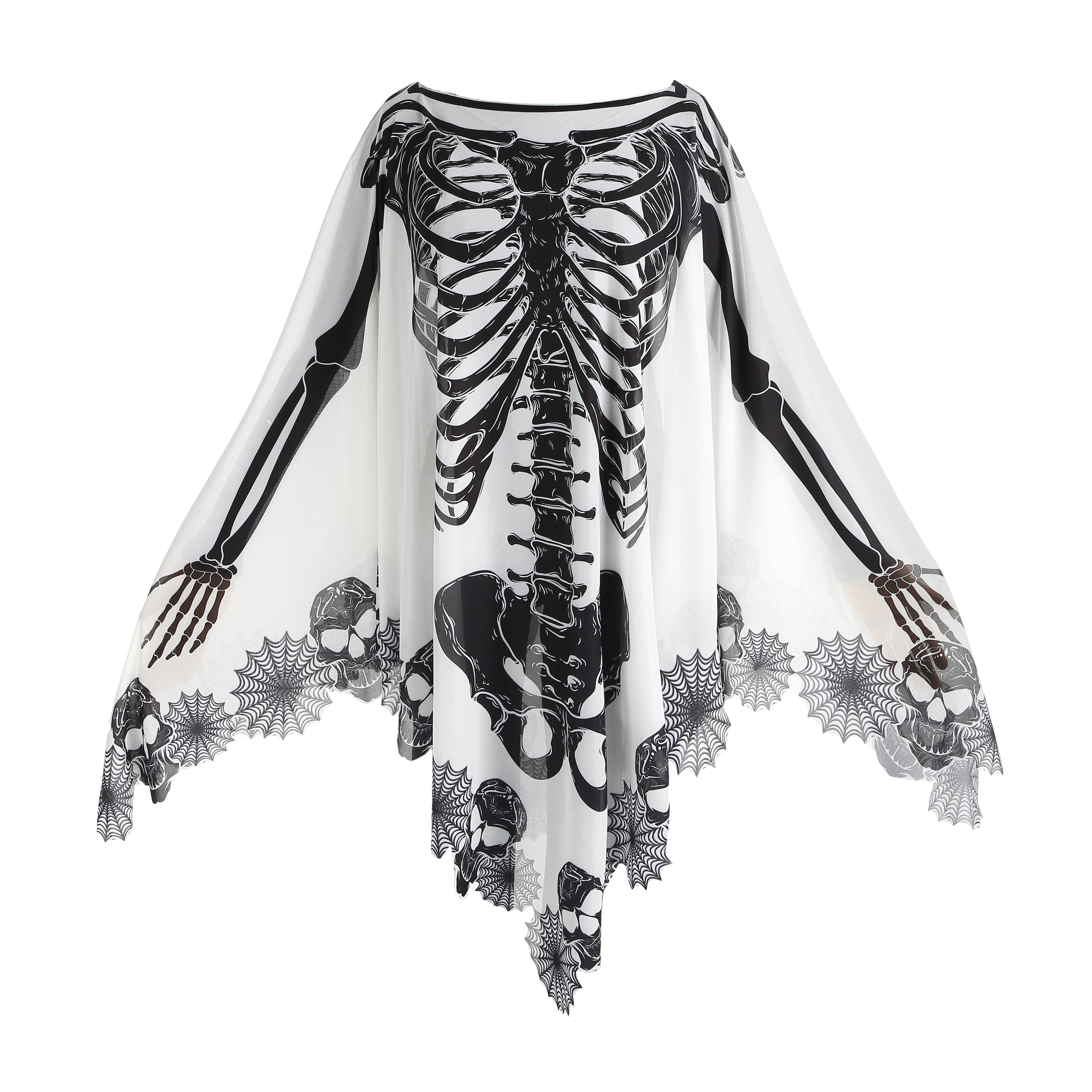 Custom Skeleton Poncho Cape 2‑Piece Set 1.5M×1.5M, Spider Web / Bone Trim, Black Grey White, Halloween Skull Cosplay Party Costume Outfit
