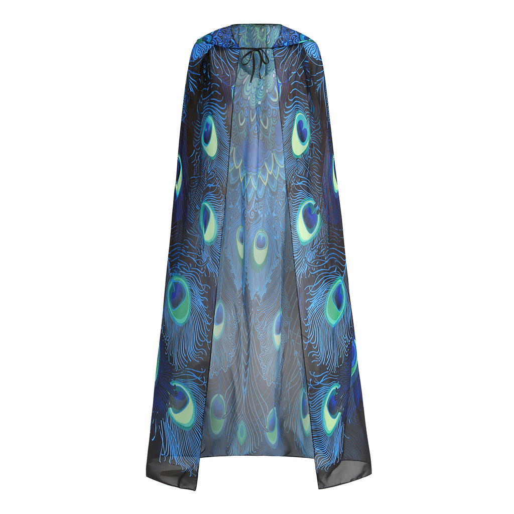 Adult Peacock Hooded Chiffon Cape Custom Print Cloak 130CM 150CM Women Halloween Cosplay Costume