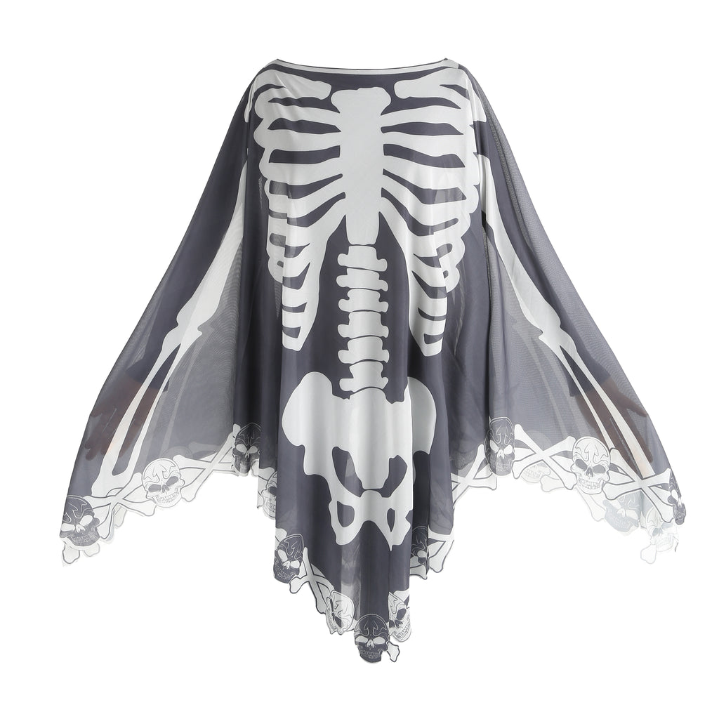 Custom Skeleton Poncho Cape 2‑Piece Set 1.5M×1.5M, Spider Web / Bone Trim, Black Grey White, Halloween Skull Cosplay Party Costume Outfit
