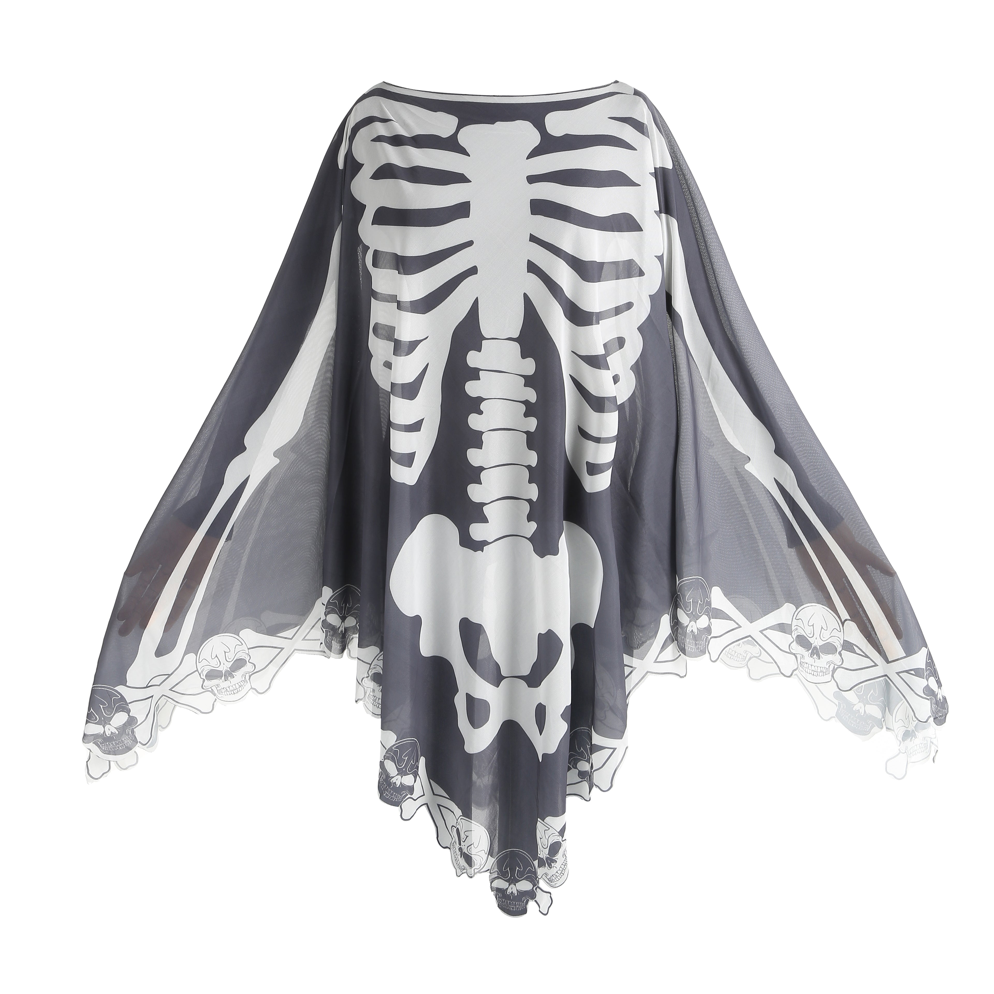 Custom Skeleton Poncho Cape 2‑Piece Set 1.5M×1.5M, Spider Web / Bone Trim, Black Grey White, Halloween Skull Cosplay Party Costume Outfit