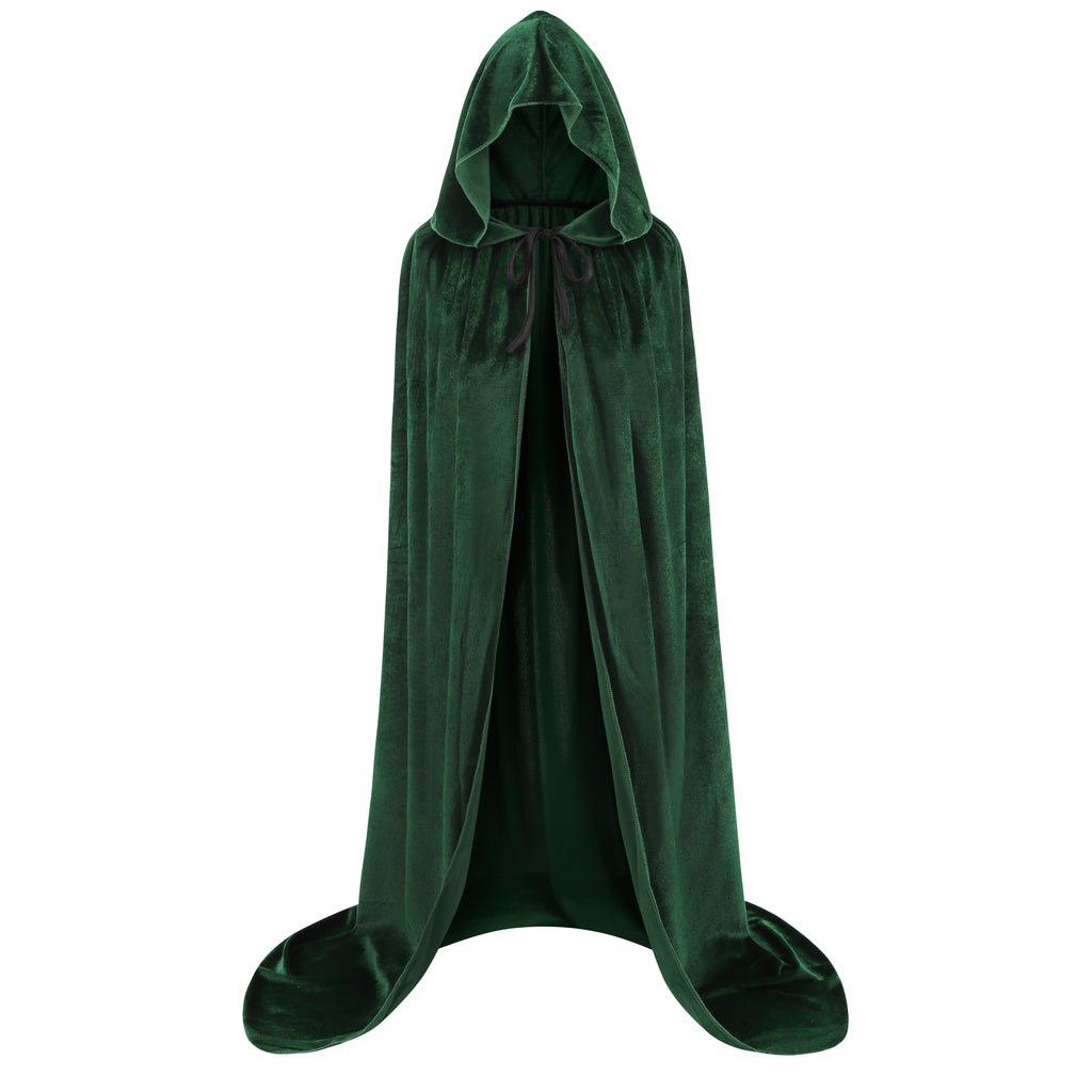 Adult Green Velvet Hooded Cape Elf 3‑Piece Set, Long Cloak with Elf Ears & Flower Crown for Halloween Cosplay Party, 110‑170cm