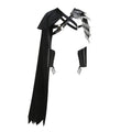 Black costume accessory set featuring a long cape, shoulder harness, feathered headpiece, and two lace-up arm guards, displayed on a plain white background.