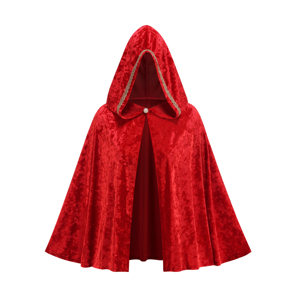 Adult Little Red Riding Hood Hooded Cape, Velvet Cloak With Golden Lace Trim 60cm Shoulder‑to‑Hem for Fairy Tale Halloween Cosplay
