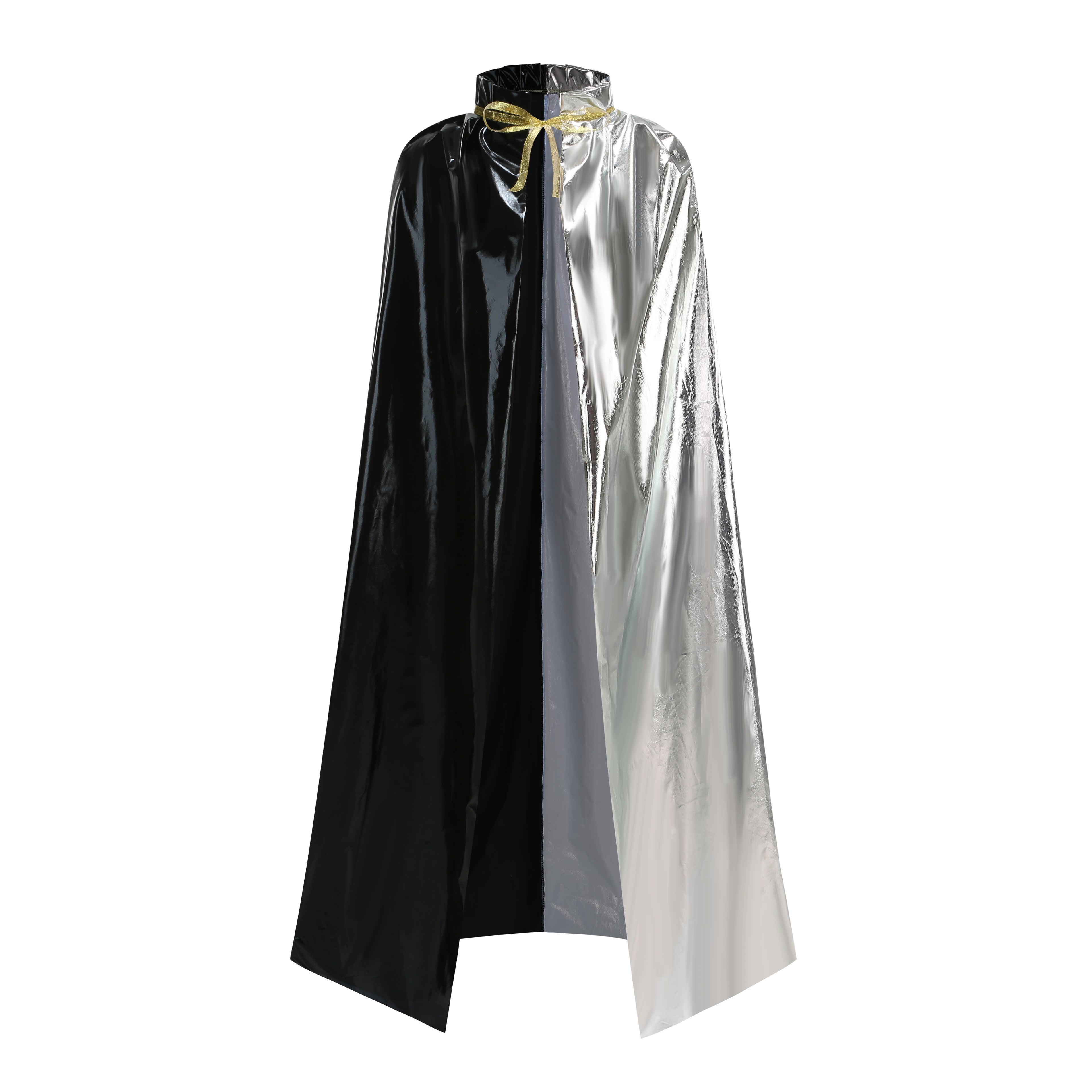 Custom Metallic Stand‑Up Collar Cape With Tie‑Strap 115CM 125CM 145CM 155CM Red‑Blue Black‑Silver Champagne Cosplay Cloak For Halloween Party