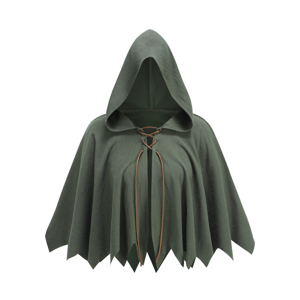 An olive green medieval-style hooded cape with a pointed jagged hem and brown laces at the neckline, shown against a plain white background.