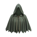 An olive green medieval-style hooded cape with a pointed jagged hem and brown laces at the neckline, shown against a plain white background.