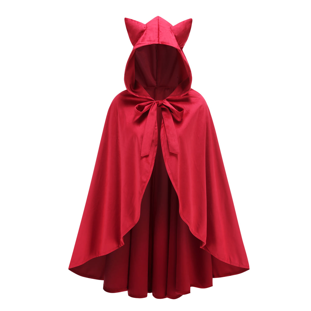 Adult Little Red Riding Hood Hooded Cape With Cat Ears, Red Cloak 70‑90‑120cm Shoulder‑to‑Hem for Halloween Fairy Tale Cosplay Costume