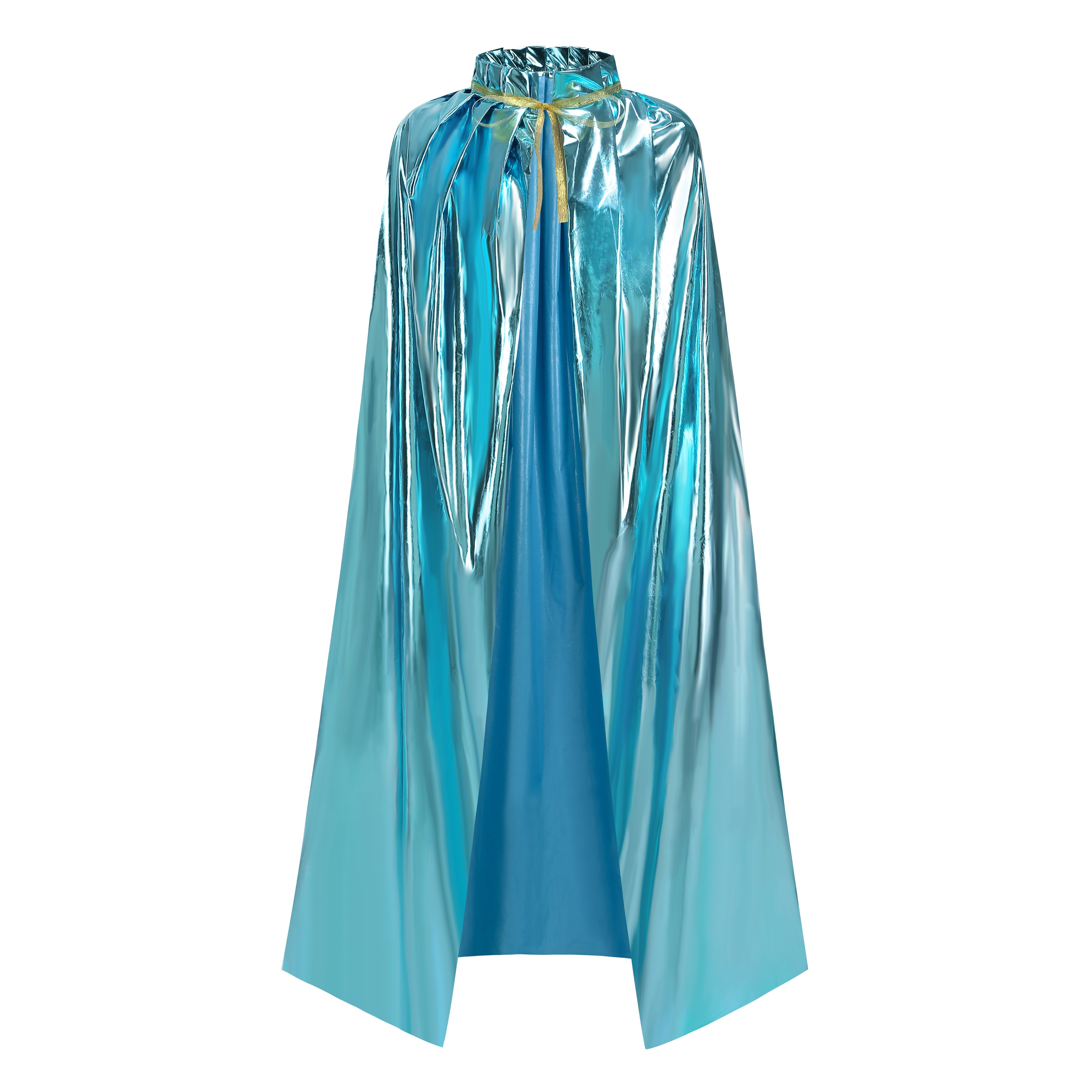 Custom Metallic Collar‑Less Cape With Neck Tie Strap 115‑155CM Silver Blue Gold Shiny Cosplay Cloak For Halloween Fancy Theme Party