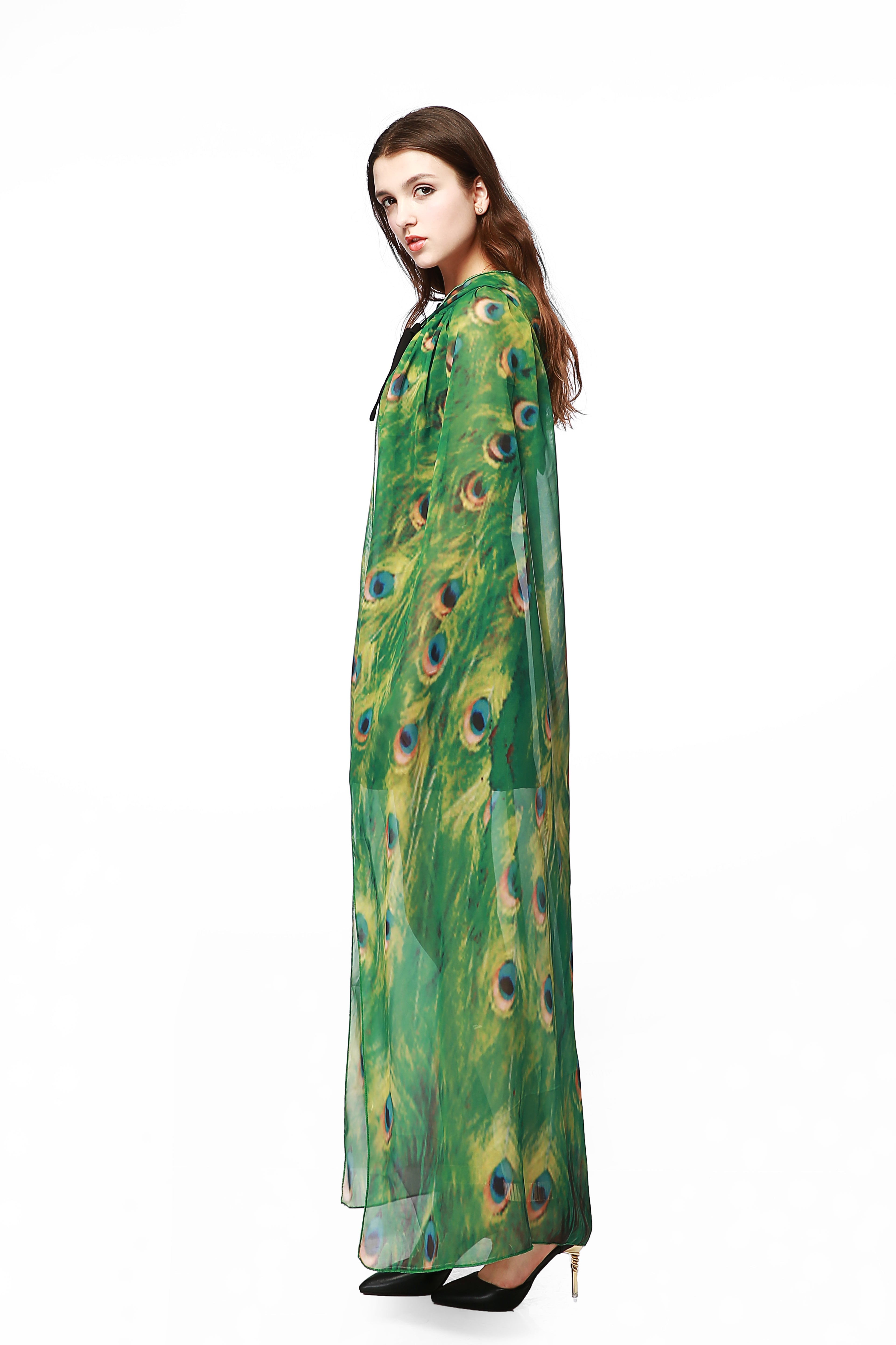 Adult Peacock Hooded Cape Green Chiffon Cloak 130CM Halloween Cosplay Party Costume for Women