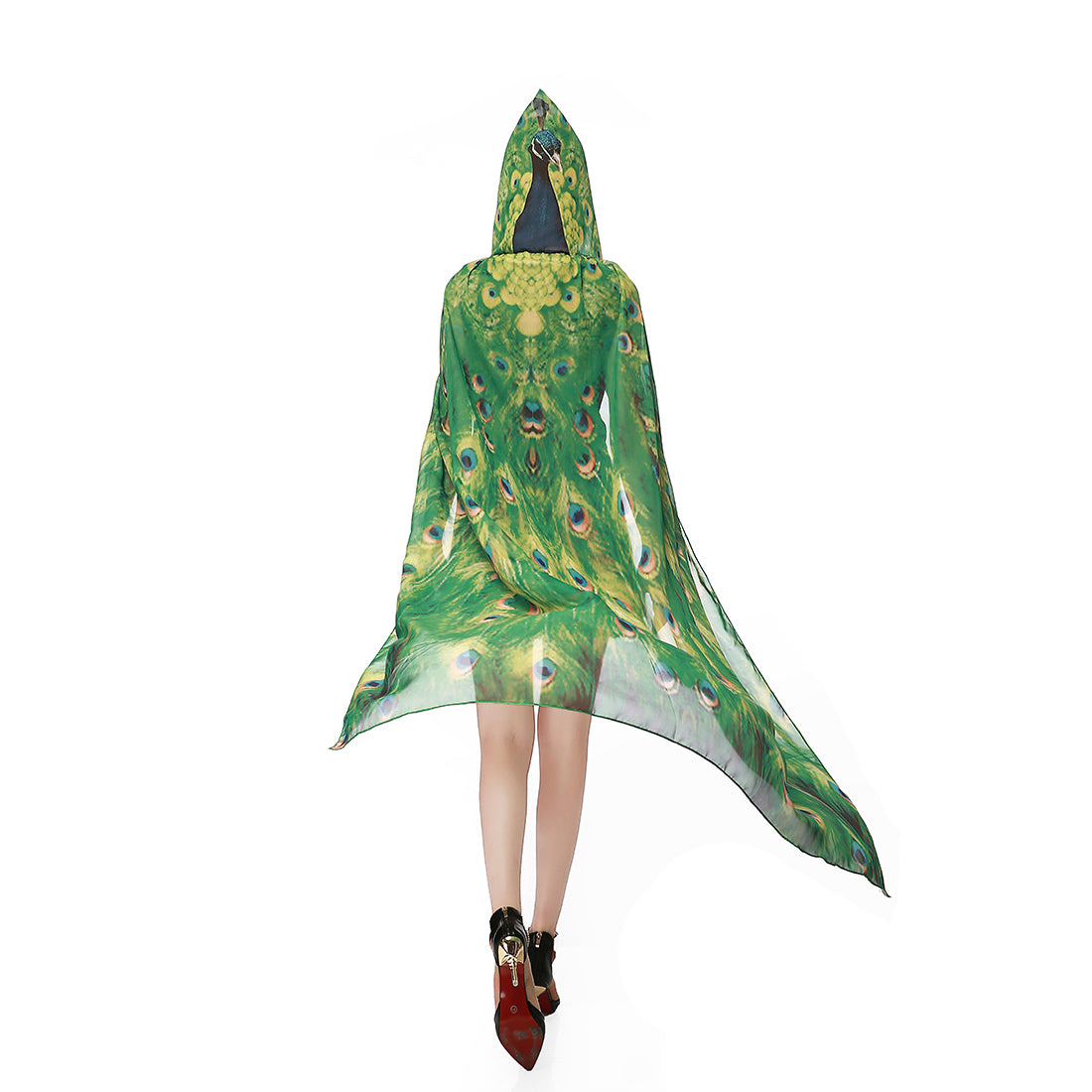 Adult Peacock Hooded Cape Green Chiffon Cloak 130CM Halloween Cosplay Party Costume for Women