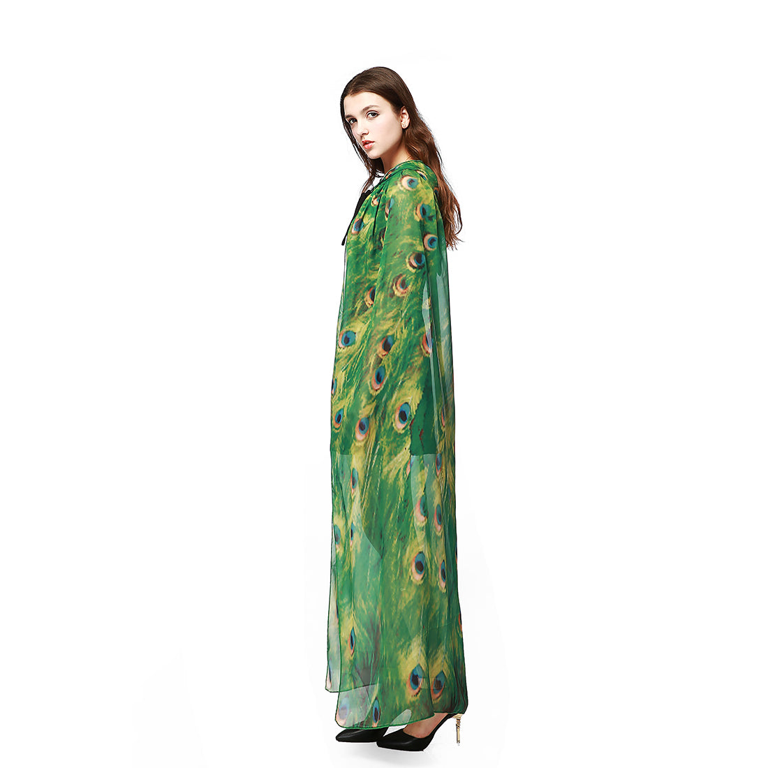 Adult Peacock Hooded Cape Green Chiffon Cloak 130CM Halloween Cosplay Party Costume for Women