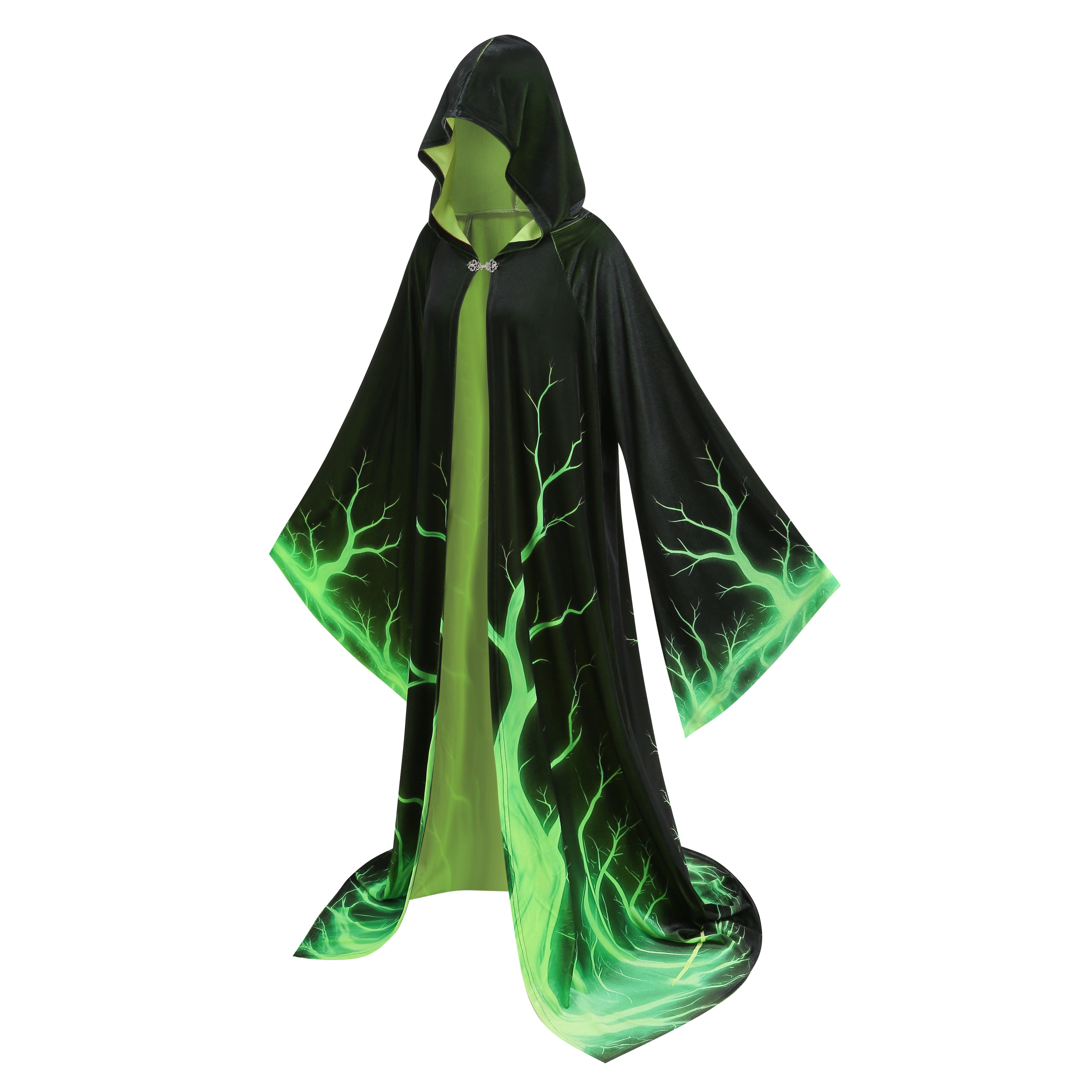 Adult Men Wizard Hooded Robe, Black Cloak With Green Tree Branch Print, 150cm‑170cm Shoulder‑to‑Hem Sorcerer Cape for Halloween Cosplay