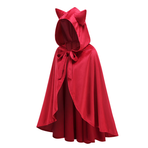 Adult Little Red Riding Hood Hooded Cape With Cat Ears, Red Cloak 70‑90‑120cm Shoulder‑to‑Hem for Halloween Fairy Tale Cosplay Costume