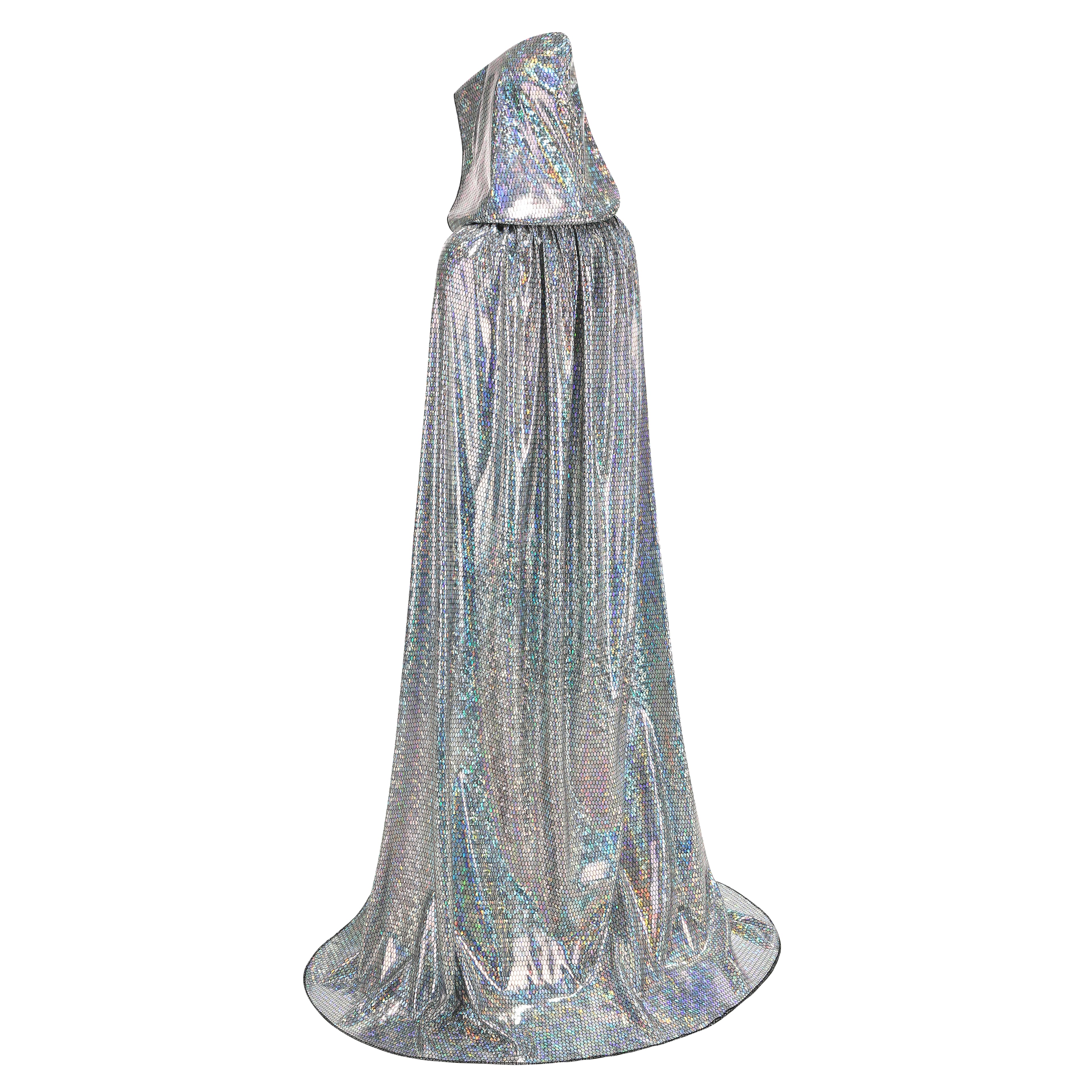 Custom Hexagonal Holographic Silver Hooded Cape for Adults, Double‑Layer Shiny Metallic Cloak 120‑160CM Halloween Rave Festival Cosplay Costume