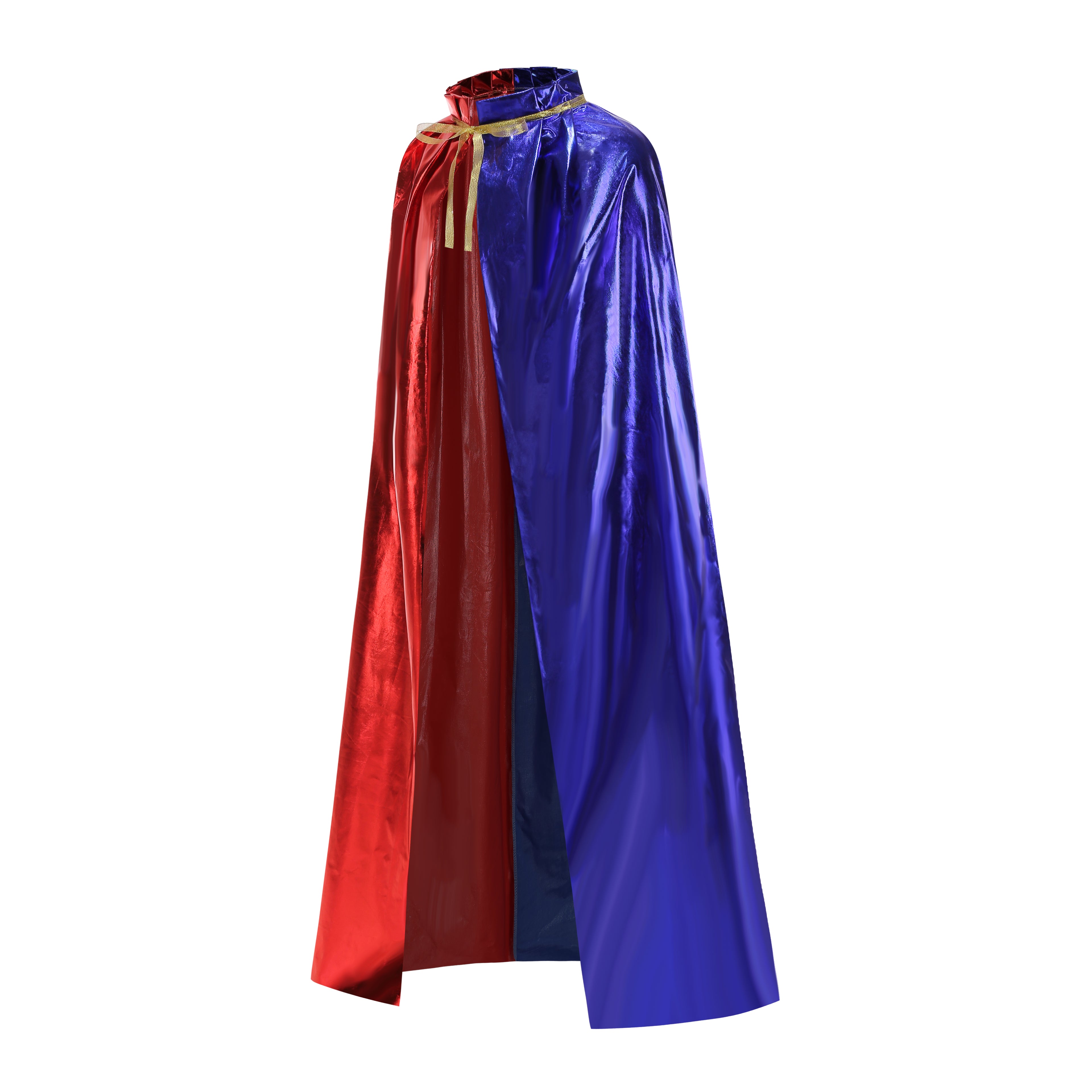 Custom Metallic Stand‑Up Collar Cape With Tie‑Strap 115CM 125CM 145CM 155CM Red‑Blue Black‑Silver Champagne Cosplay Cloak For Halloween Party