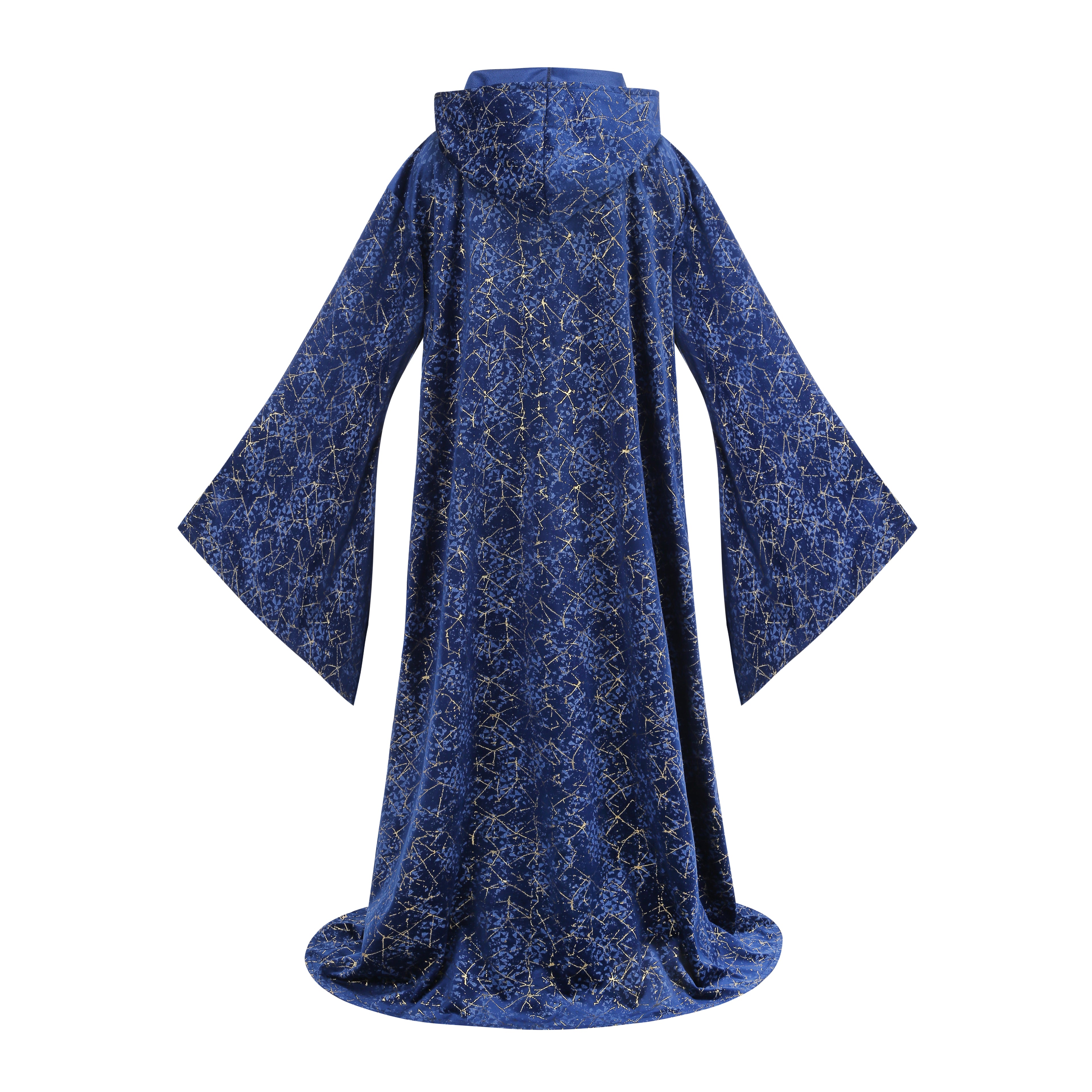 Adult Women Wizard Hooded Robe, Blue Gold Foil Velvet Witch Cloak, 150cm‑170cm Shoulder‑to‑Hem Long Cape for Sorceress Halloween Cosplay