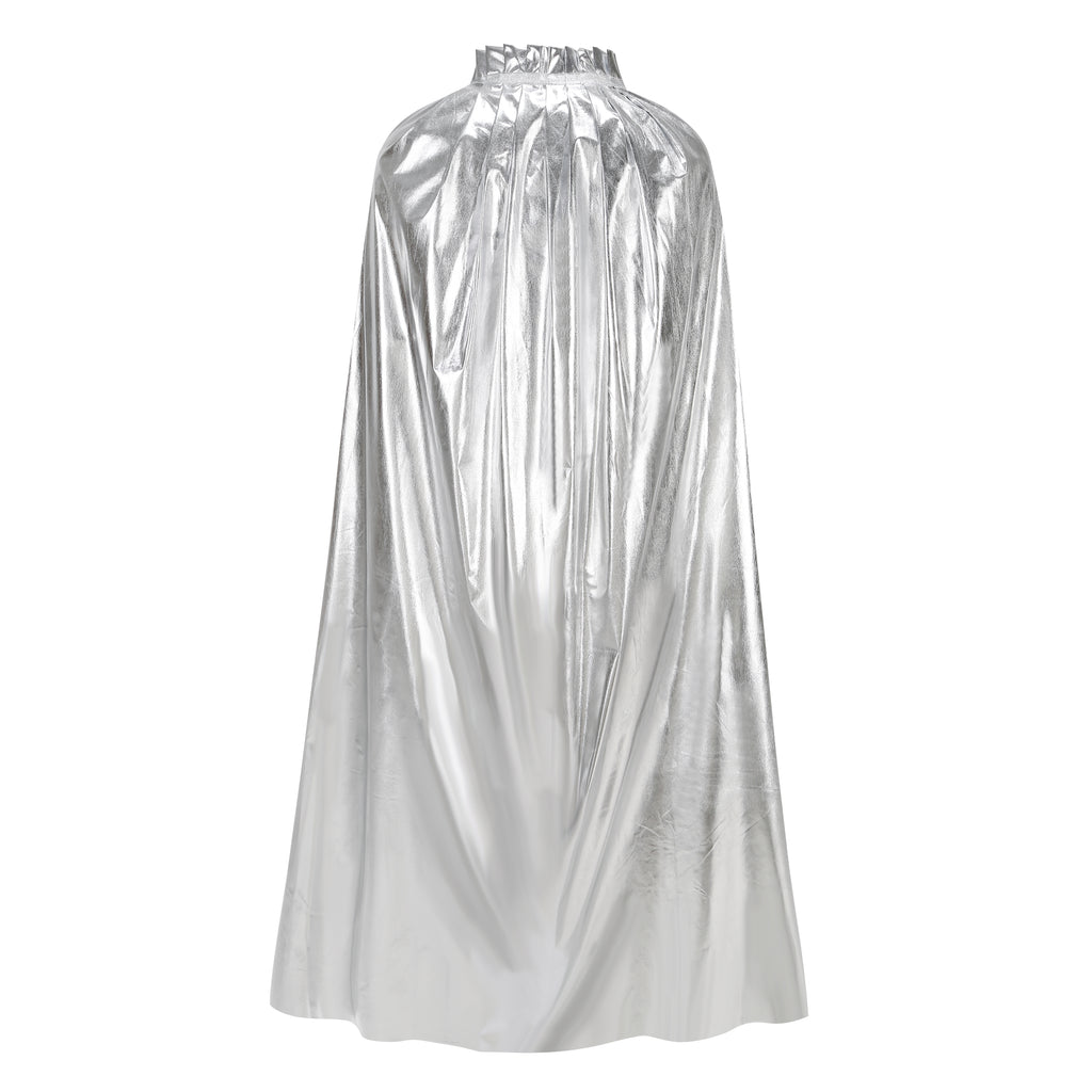 Custom Metallic Collar‑Less Cape With Neck Tie Strap 115‑155CM Silver Blue Gold Shiny Cosplay Cloak For Halloween Fancy Theme Party