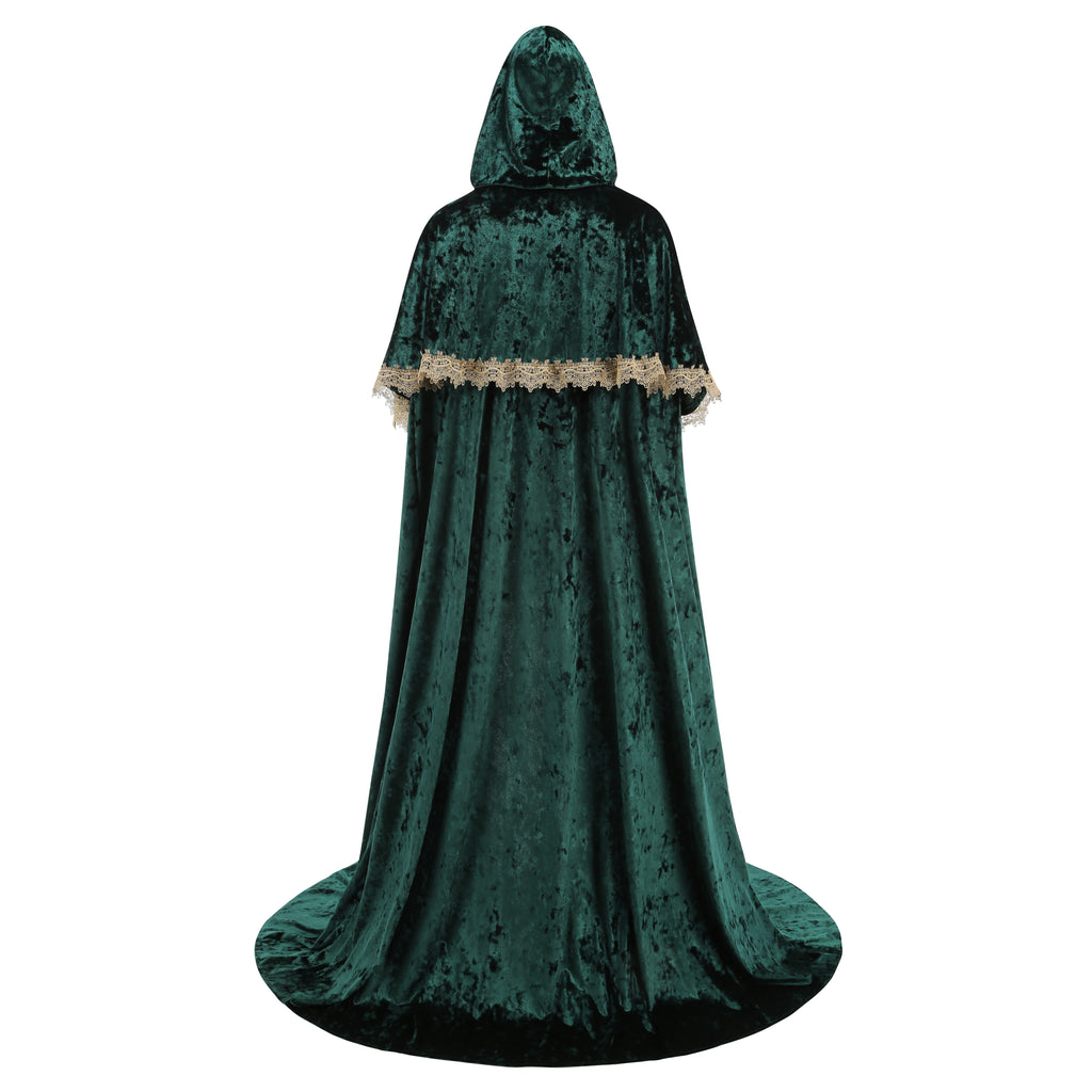 Medieval Velvet Hooded Cloak Renaissance Lace Trim Cape with Shoulder Shawl Collar Robe Halloween Party LARP Outfit