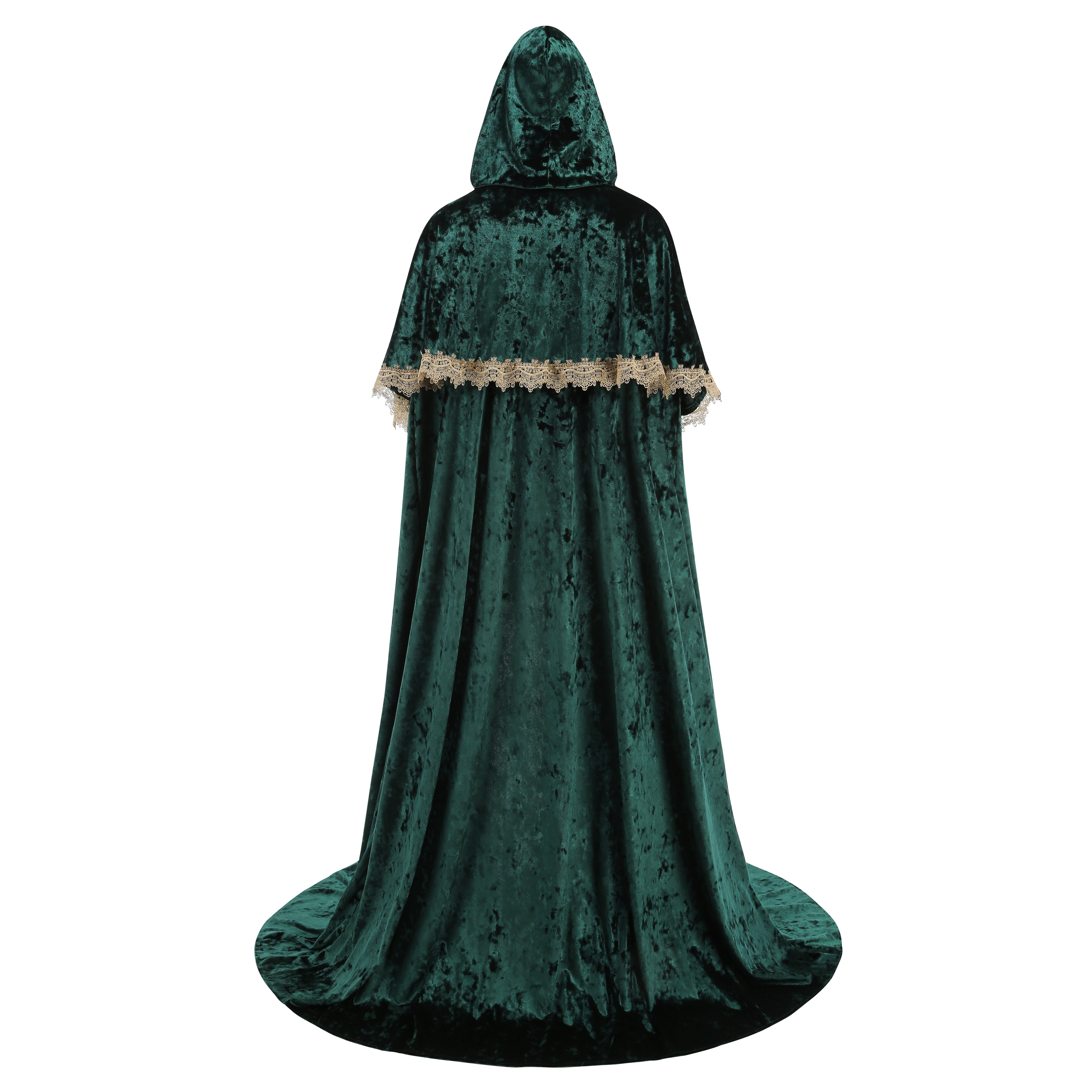 Medieval Velvet Hooded Cloak Renaissance Lace Trim Cape with Shoulder Shawl Collar Robe Halloween Party LARP Outfit