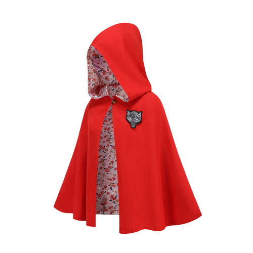 Adult Little Red Riding Hood Cape Poncho Style, Floral Lining Wolf Patch Red Cloak 60cm Shoulder‑to‑Hem for Fairy Tale Halloween Cosplay