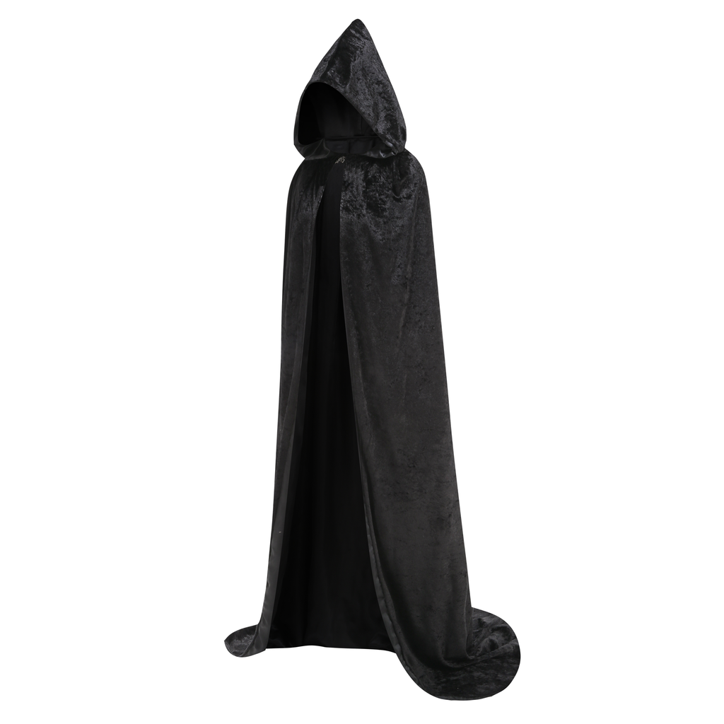 Adult Black Velvet Hooded Wizard Cape With Metal Clasp, 150cm Shoulder‑to‑Hem Medieval Cloak for Witch Warlock Halloween Cosplay
