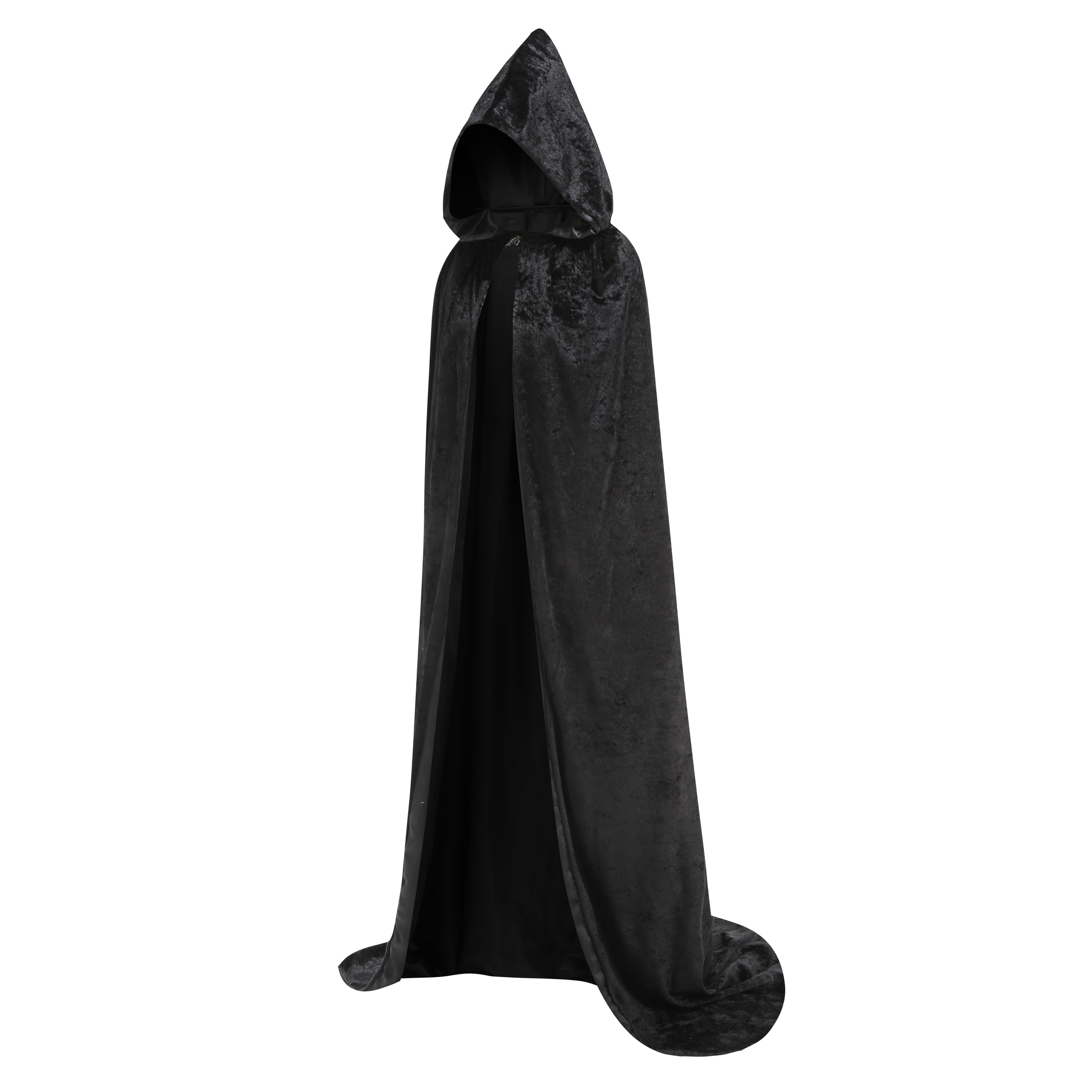 Adult Black Velvet Hooded Wizard Cape With Metal Clasp, 150cm Shoulder‑to‑Hem Medieval Cloak for Witch Warlock Halloween Cosplay