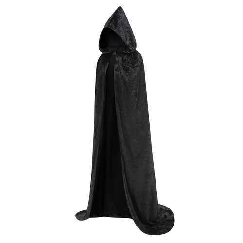 Adult Black Velvet Hooded Wizard Cape With Metal Clasp, 150cm Shoulder‑to‑Hem Medieval Cloak for Witch Warlock Halloween Cosplay