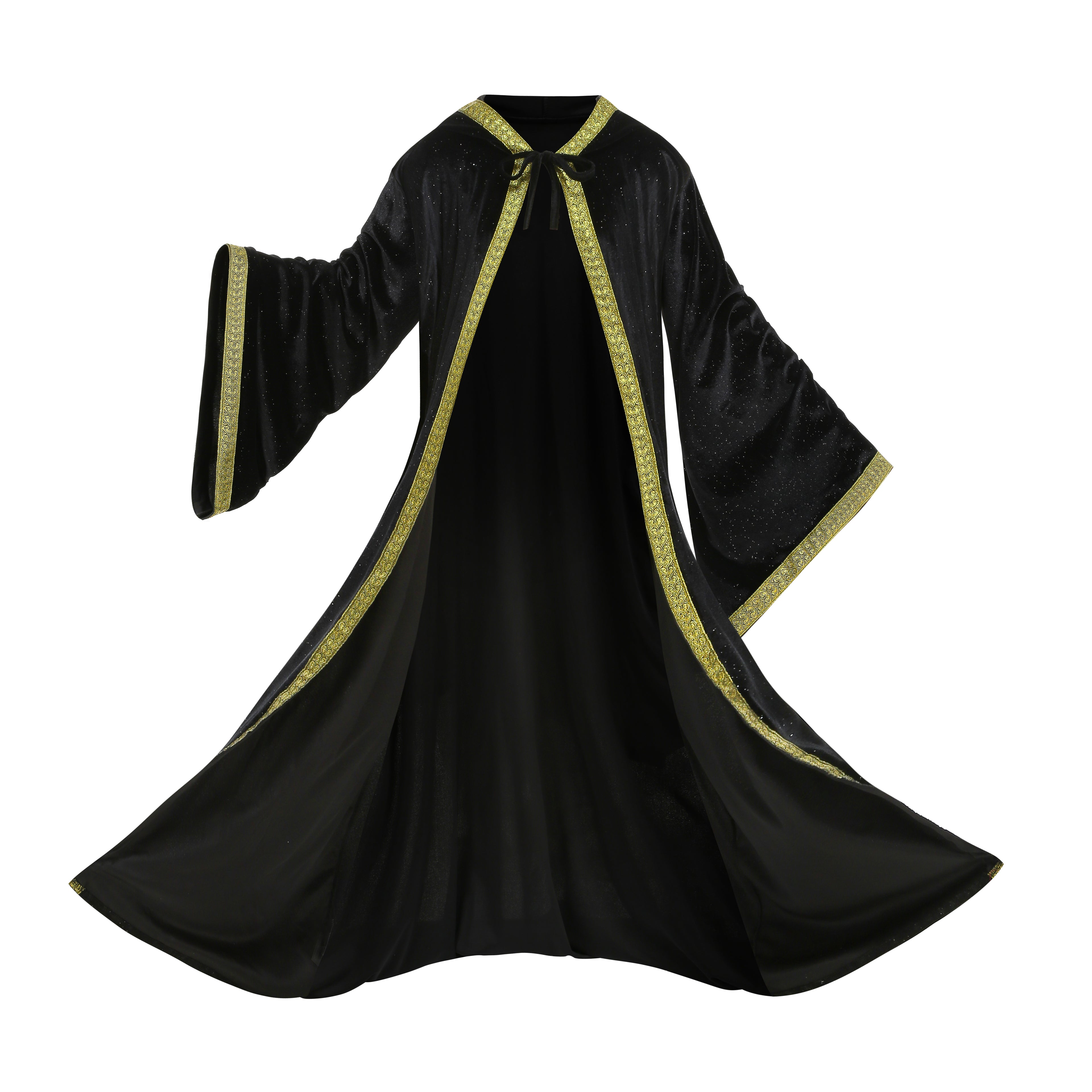 Adult Wizard Hooded Robe Cloak, Sparkle Velvet Wizard Cape With Gold Trim, 140cm‑160cm Shoulder‑to‑Hem for Warlock Sorcerer Halloween Cosplay