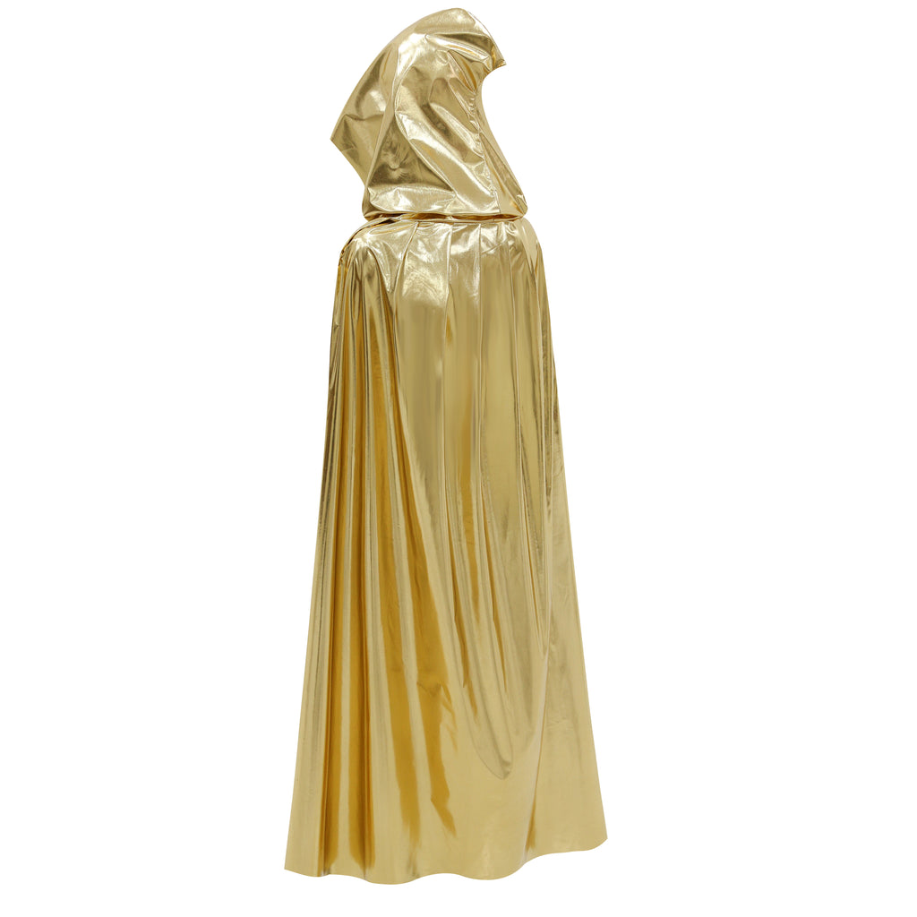 Custom Metallic Gold Hooded Cape With Neck Tie‑Strap 115CM 125CM 145CM 155CM Shiny Cosplay Cloak For Halloween Fantasy Theme Party