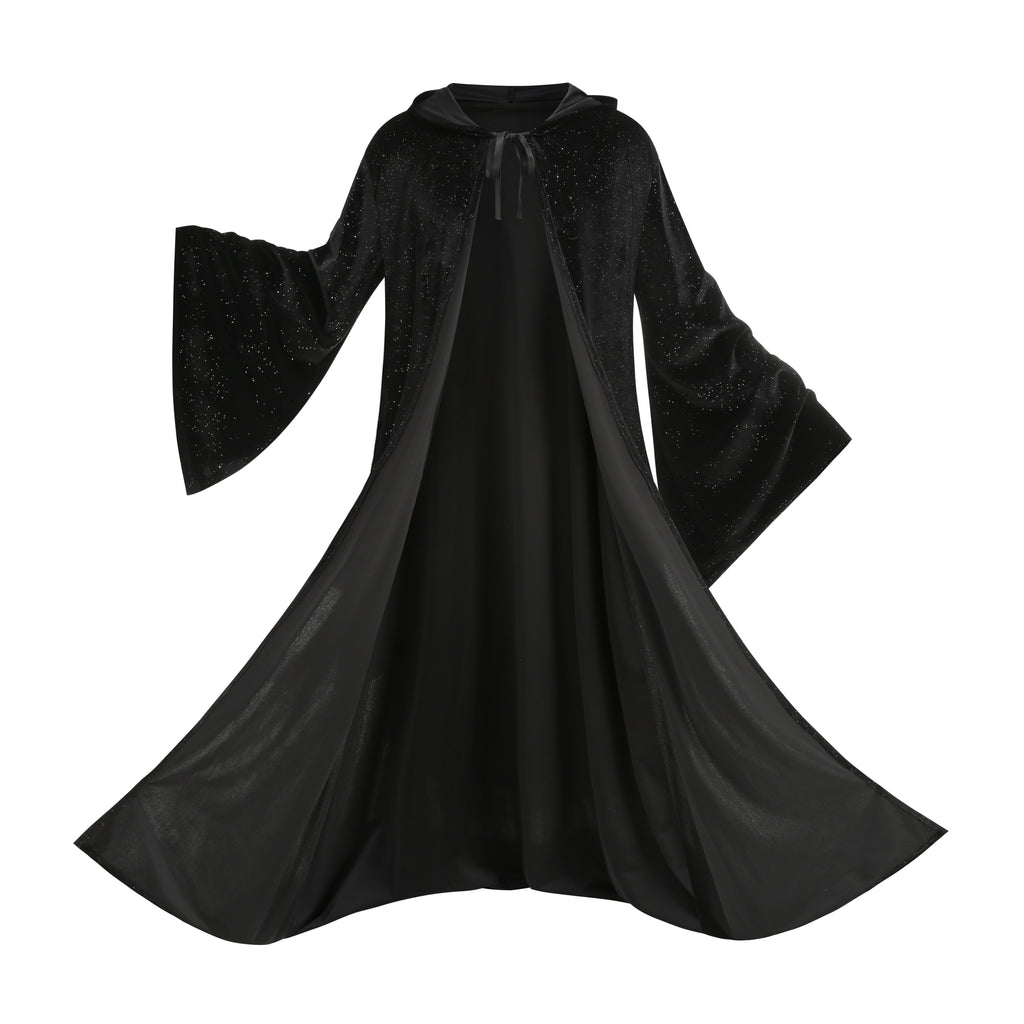 Adult Wizard Hooded Robe Cloak, Sparkle Velvet Wizard Cape With Gold Trim, 140cm‑160cm Shoulder‑to‑Hem for Warlock Sorcerer Halloween Cosplay
