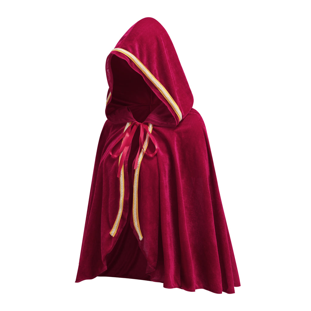 Adult Little Red Riding Hood Hooded Cape With Braided Trim, Bright Red & Wine Red Cloak 60‑65‑70cm Shoulder‑to‑Hem for Halloween Fairy Tale Cosplay