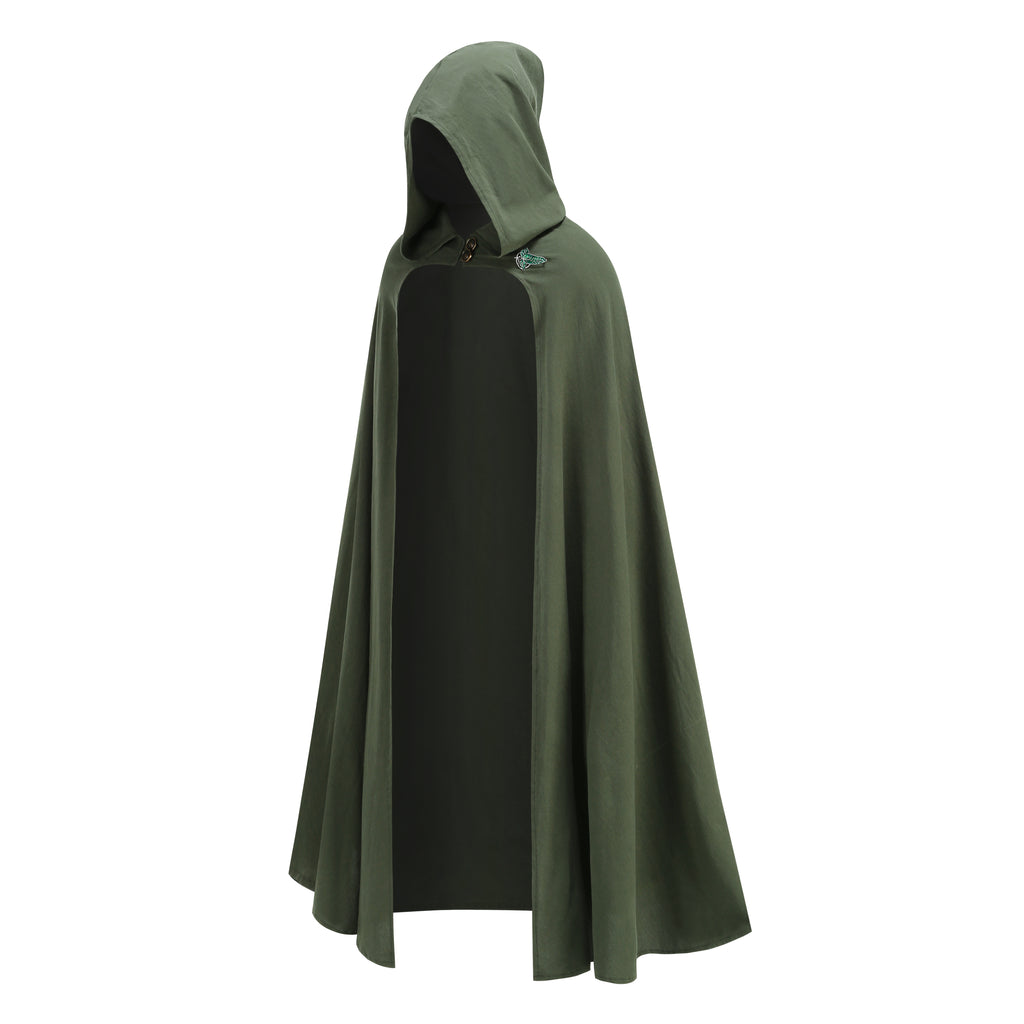 Adult Medieval Hooded Cloak Green Renaissance Cape with Leaf Brooch Knight Hunter Elf Halloween Costume