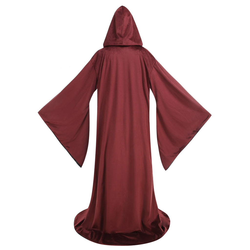 Adult Double‑Sided Velvet Wizard Hooded Robe, Burgundy Reversible Cloak, 150cm‑170cm Shoulder‑to‑Hem for Sorcerer Halloween Cosplay