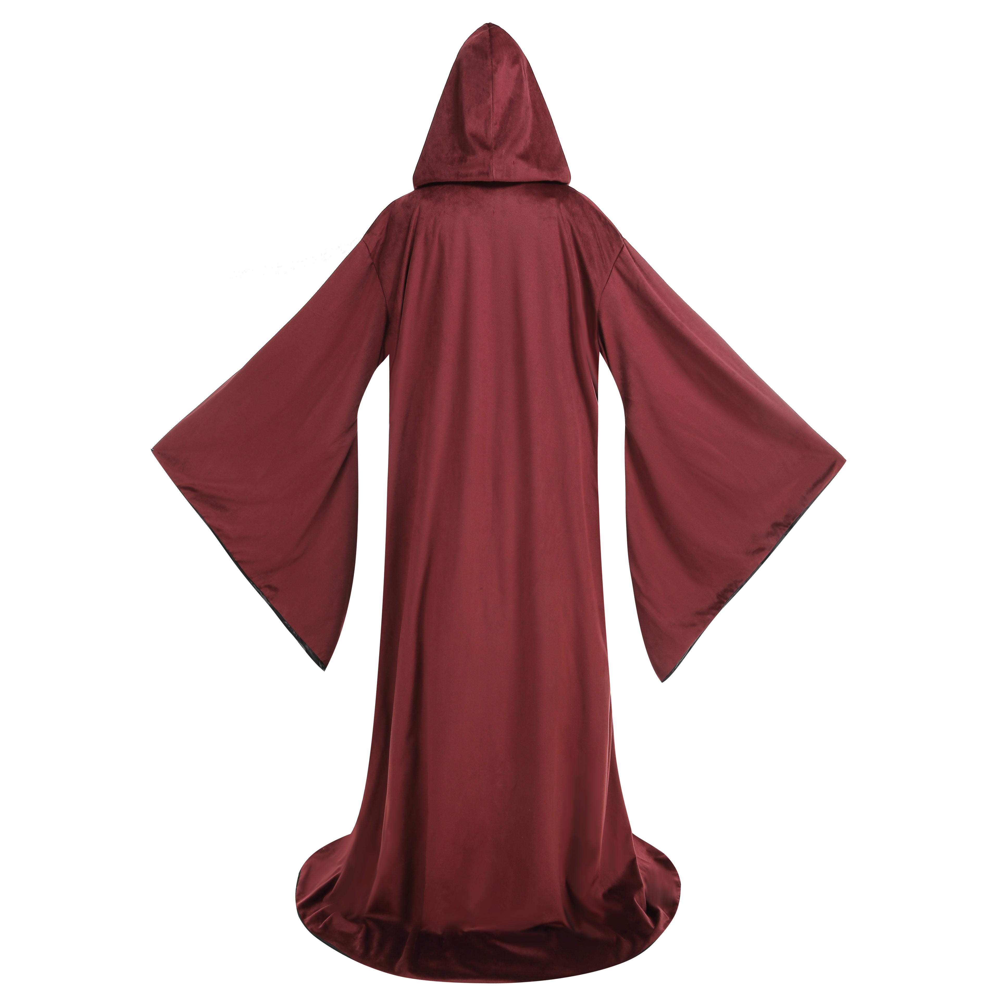 Adult Double‑Sided Velvet Wizard Hooded Robe, Burgundy Reversible Cloak, 150cm‑170cm Shoulder‑to‑Hem for Sorcerer Halloween Cosplay