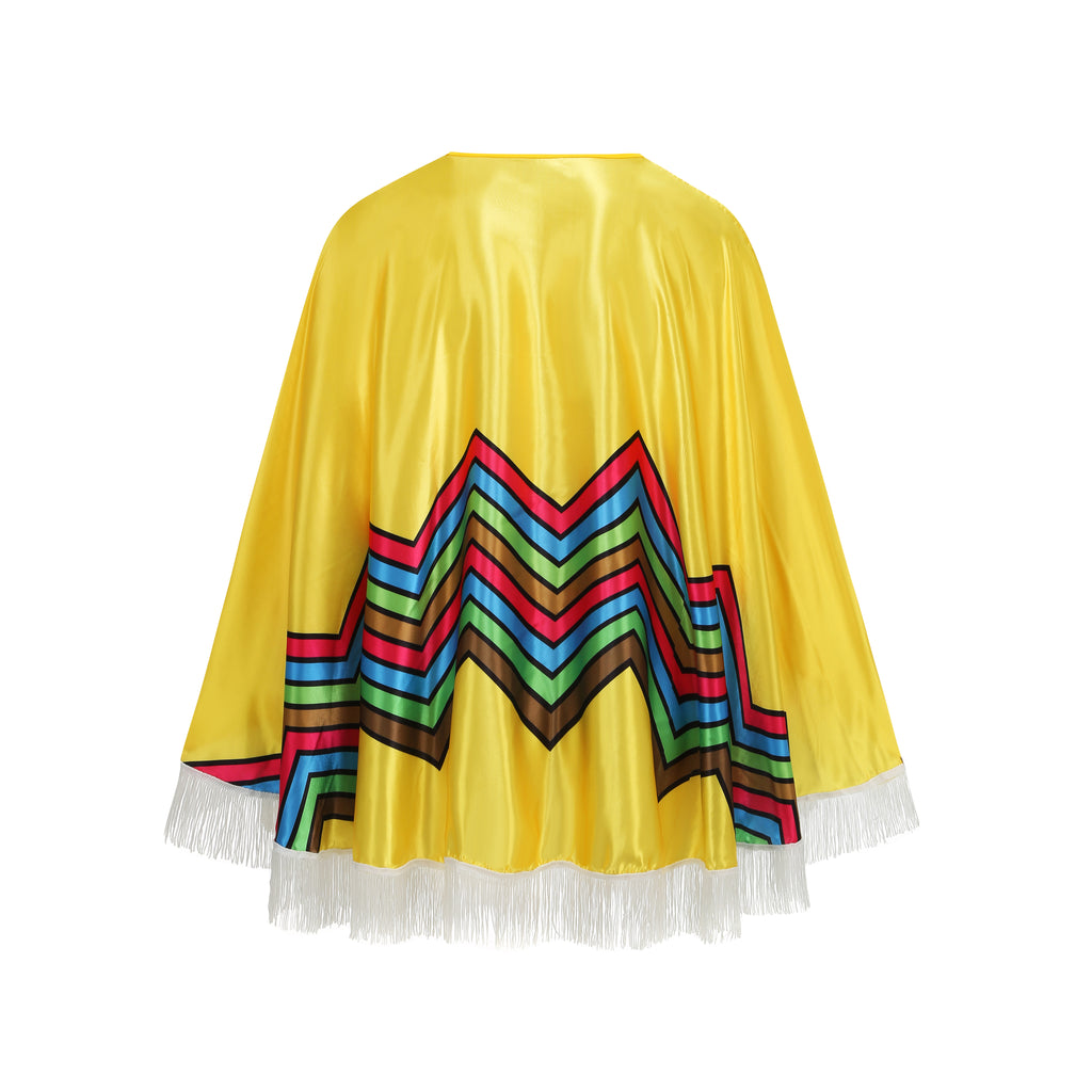 Custom Adult Mexican Poncho 7‑Piece Costume Set, Yellow Fringe Satin Poncho 80CM, Fiesta Cinco De Mayo Halloween Theme Party Cosplay Outfit