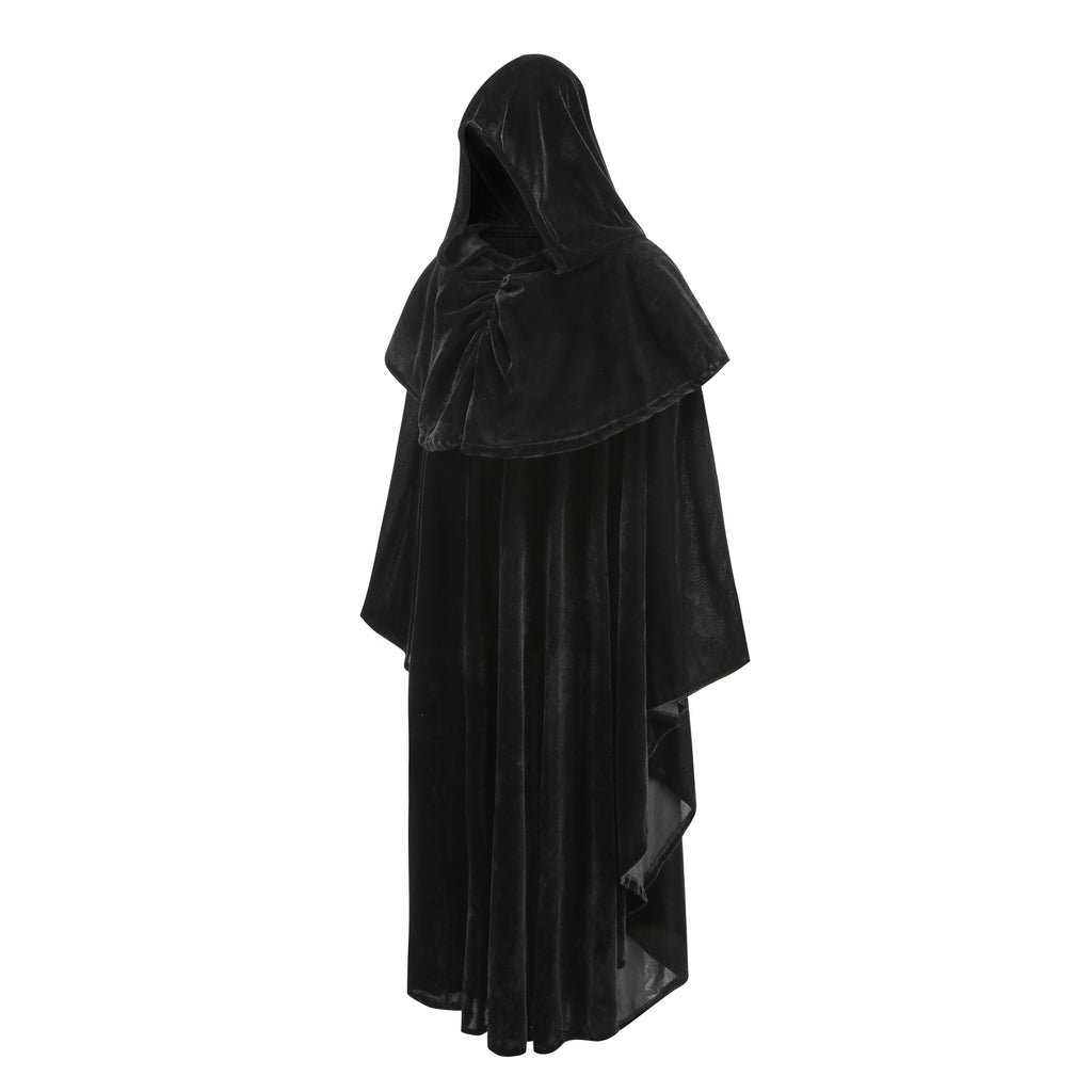 Adult Black Velvet Hooded Wizard Cloak Set‑In & Stand‑Up Collar Style, 130cm‑150cm Shoulder‑to‑Hem Medieval Robe for Warlock Halloween Cosplay