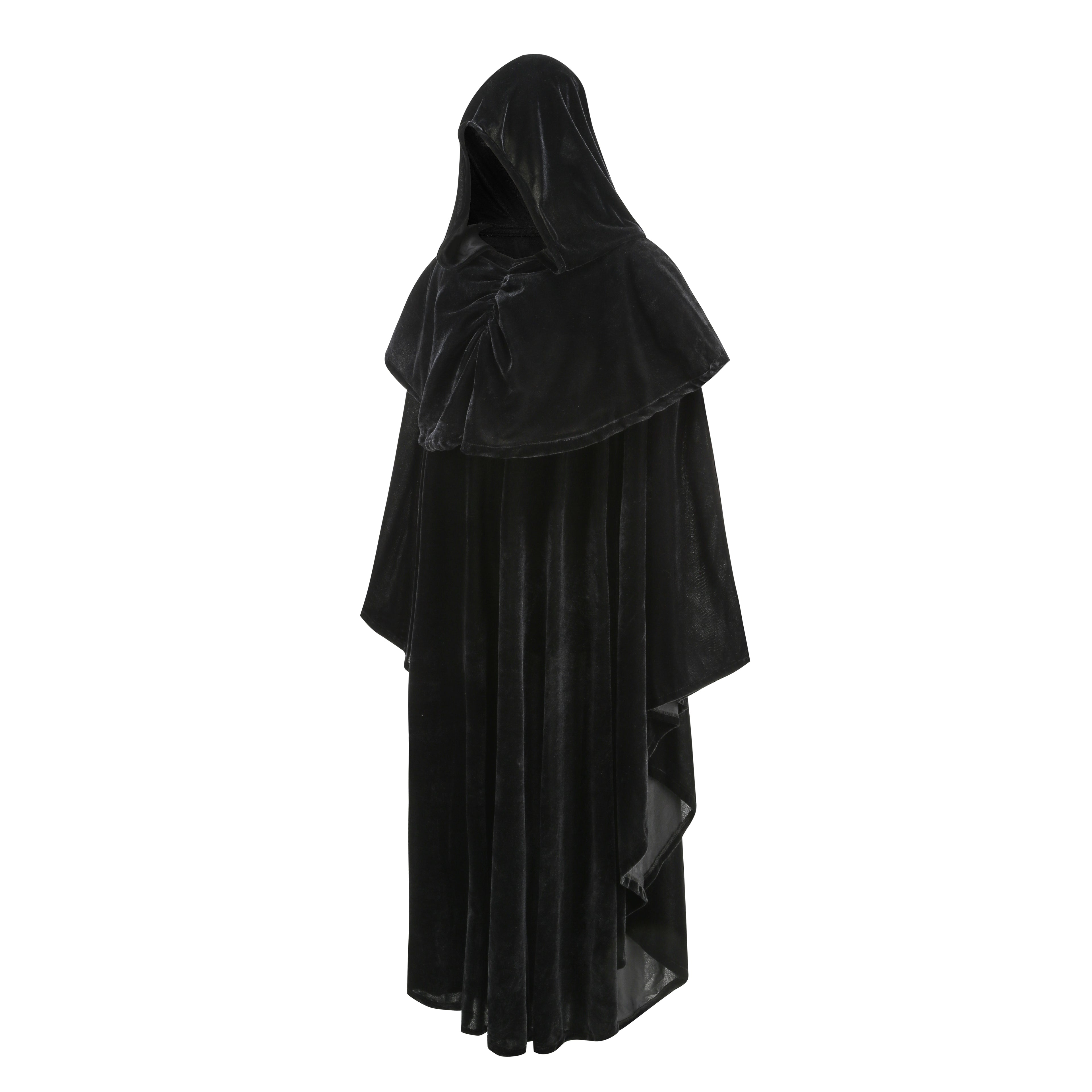 Adult Black Velvet Hooded Wizard Cloak Set‑In & Stand‑Up Collar Style, 130cm‑150cm Shoulder‑to‑Hem Medieval Robe for Warlock Halloween Cosplay