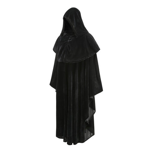 Adult Black Velvet Hooded Wizard Cloak Set‑In & Stand‑Up Collar Style, 130cm‑150cm Shoulder‑to‑Hem Medieval Robe for Warlock Halloween Cosplay