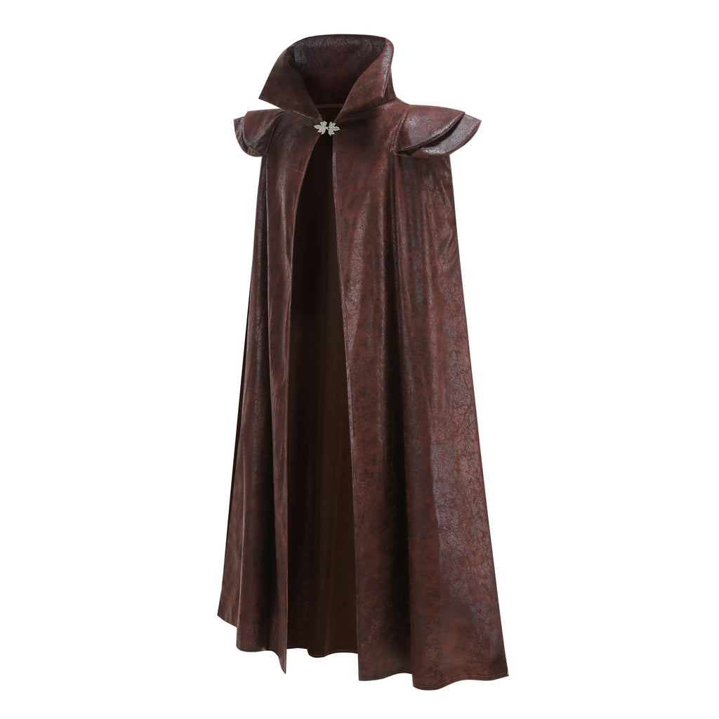A dark brown faux-leather cape with a high collar and shoulder flaps, featuring a small silver decorative accent at the neck, shown against a plain white background.