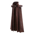 A dark brown faux-leather cape with a high collar and shoulder flaps, featuring a small silver decorative accent at the neck, shown against a plain white background.