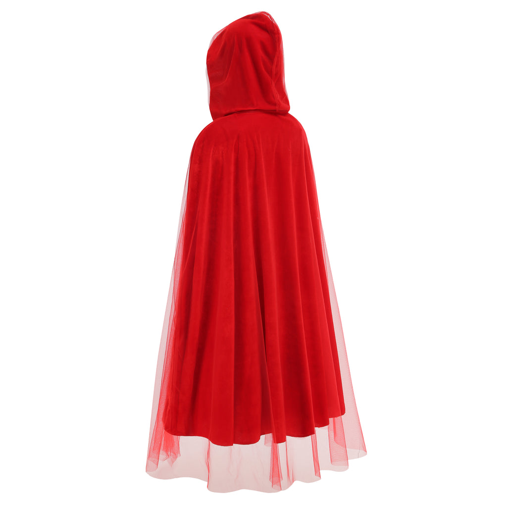Adult Little Red Riding Hood Hooded Cape, Velvet Tulle Overlay Red Cloak 120cm Shoulder‑to‑Hem for Fairy Tale Halloween Cosplay