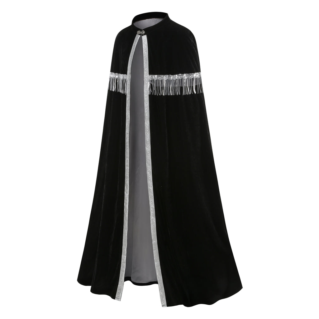 Unisex Medieval Hooded Cloak Renaissance Velvet Cape with Silver Tassels Adult Halloween Party Royal Witch