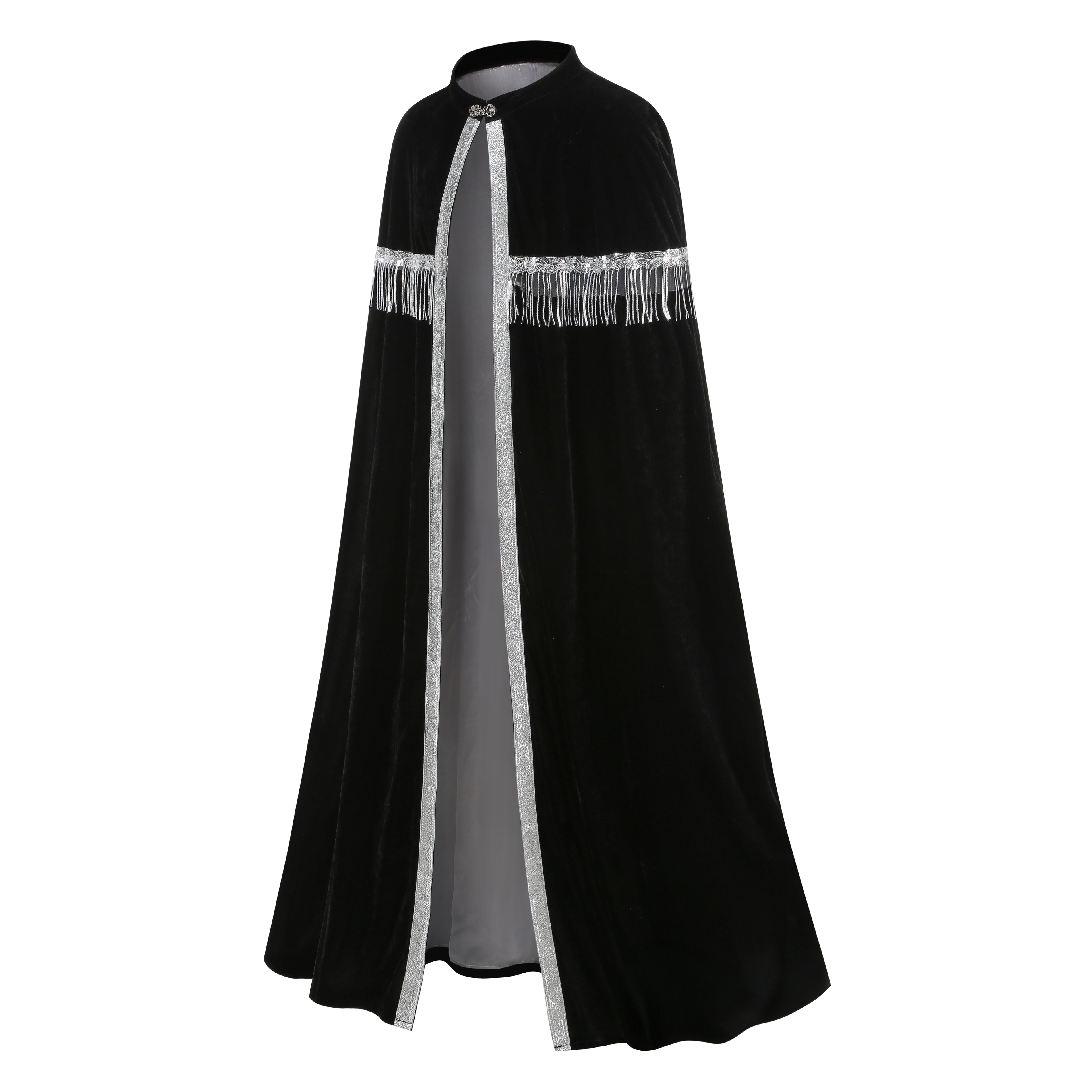 Unisex Medieval Hooded Cloak Renaissance Velvet Cape with Silver Tassels Adult Halloween Party Royal Witch