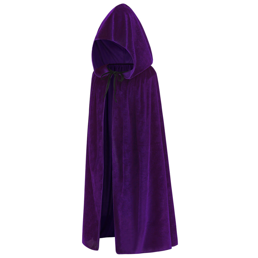 Adult Purple Velvet Hooded Cape Witch 2‑Piece Set, Long Cloak with Masquerade Mask for Halloween Cosplay Party, 110‑170cm