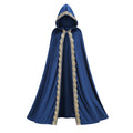 A royal blue hooded cloak with ornate gold lace trim along the hood edge and center front opening, shown on a plain white background.